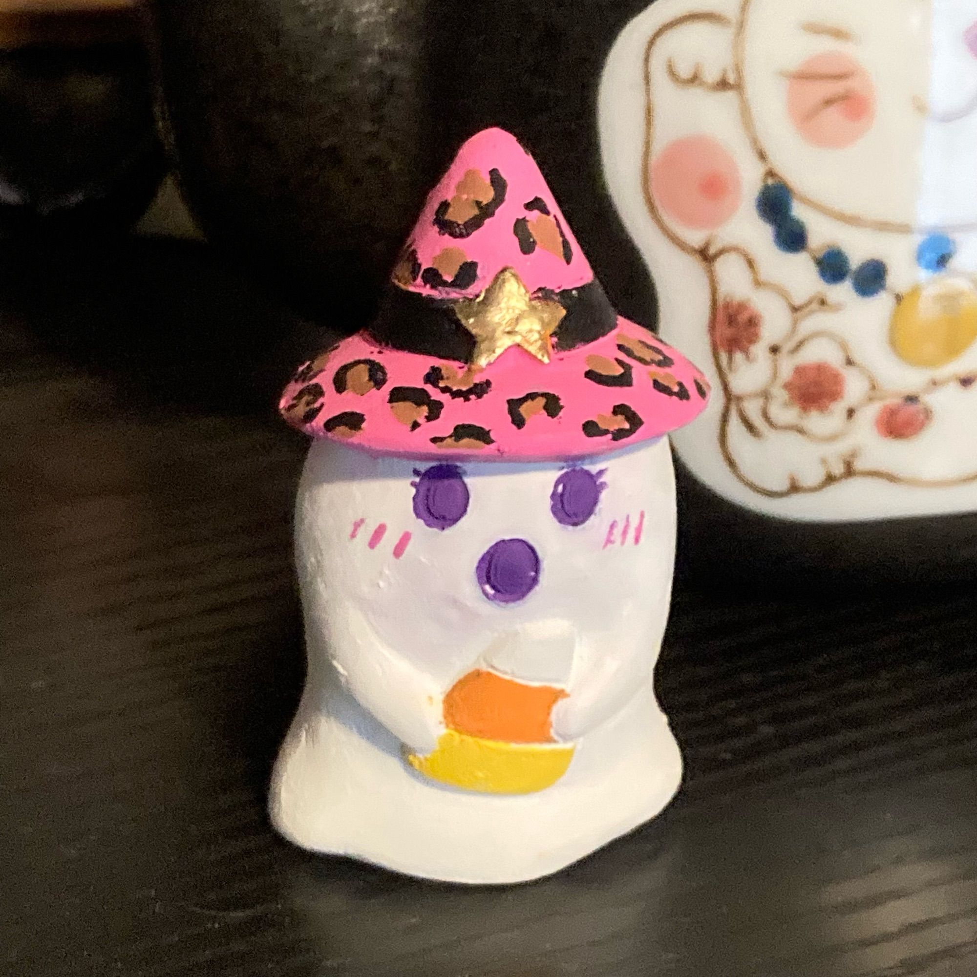 a little paint it yourself ghost figure ive painted a pink leopard print witch hat on