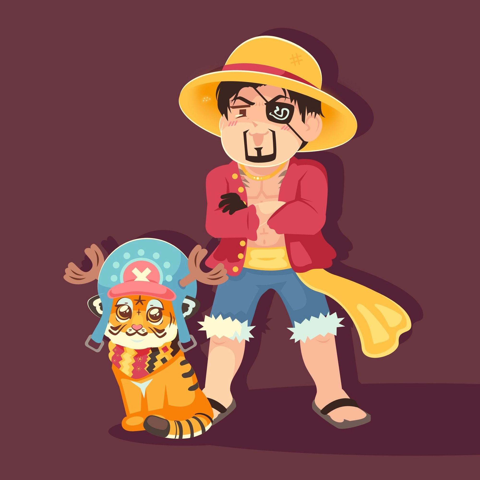 Majima and the baby tiger goro from like a dragon yakuza pirate in Hawaii dressed like luffy and chopper from one piece respectively