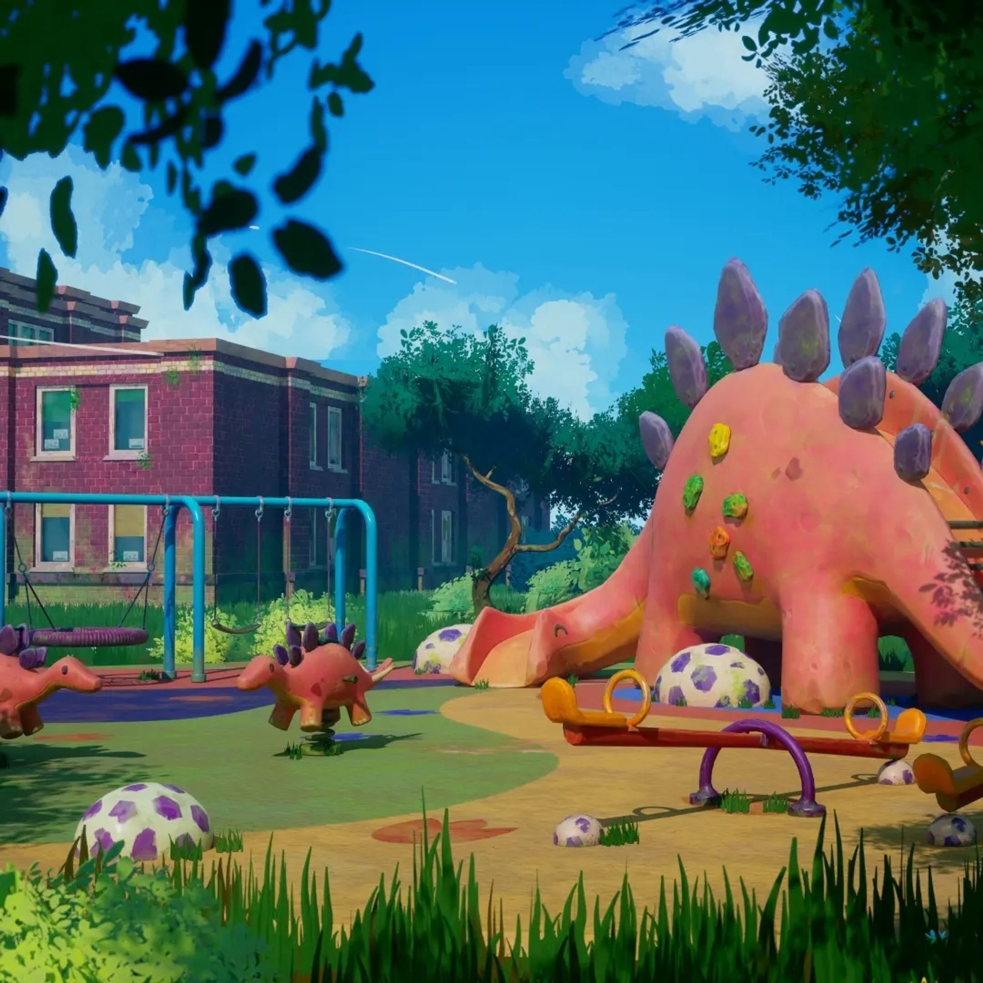 A render of a 3D environment with dinosaur themed playground. There is a big pink stegosaurus shaped slide as a centerpiece and smaller stegosaurus spring rockers. There is also a set of swings and see saws. There is a large brick school building on the left side of the background. The playground is surrounded by grass, flowers, bushes and trees.