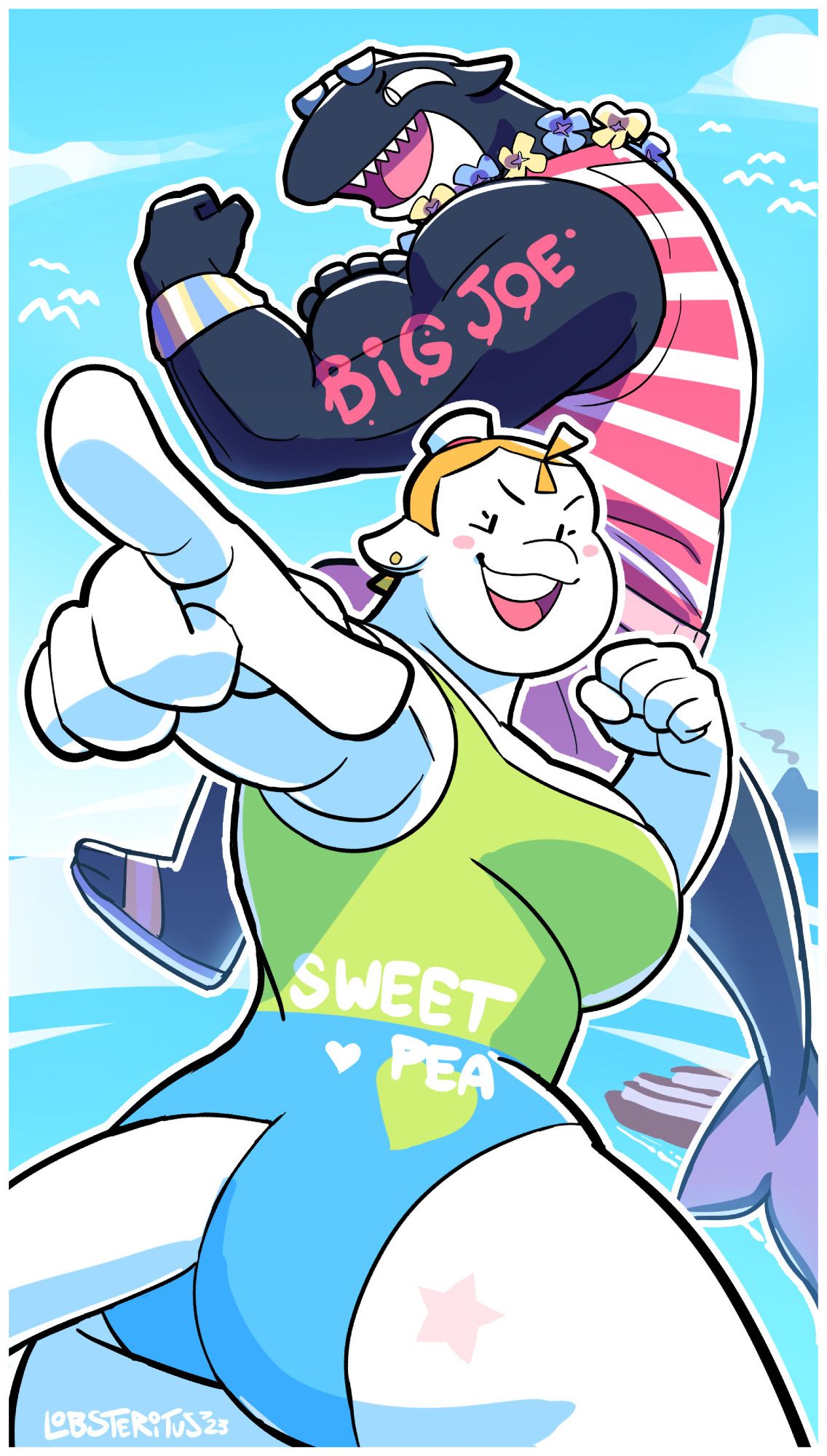 Sweet Pea, a beluga-woman, wearing a swimsuit while pointing to the viewer. Behind her is Big Joe, an orca-man, he is flexing his arm.