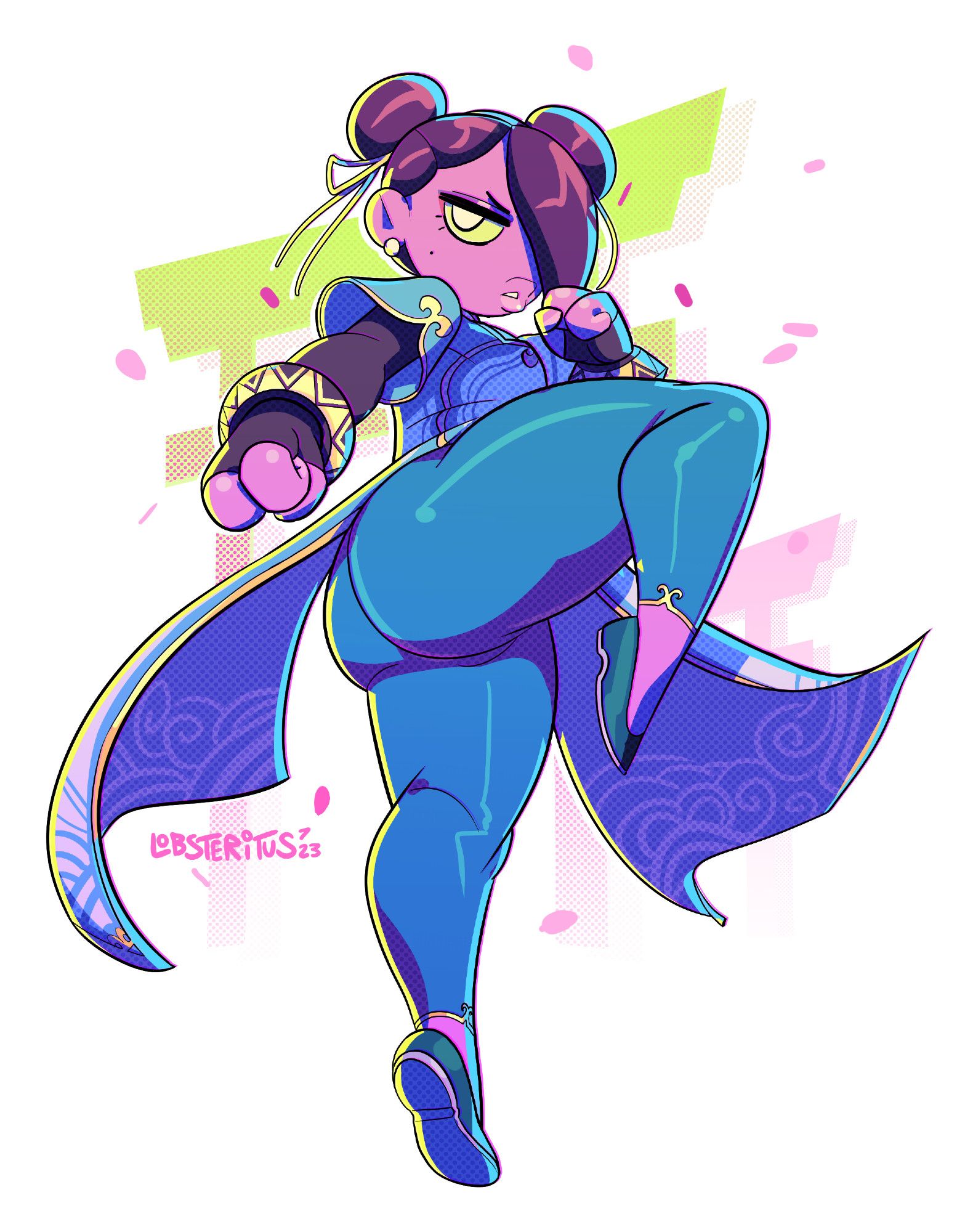 Purple-skinned octopus girl wearing Chun-li's outfit from Street Fighter 6. Her leg is raised ready to send a flurry of kicks.