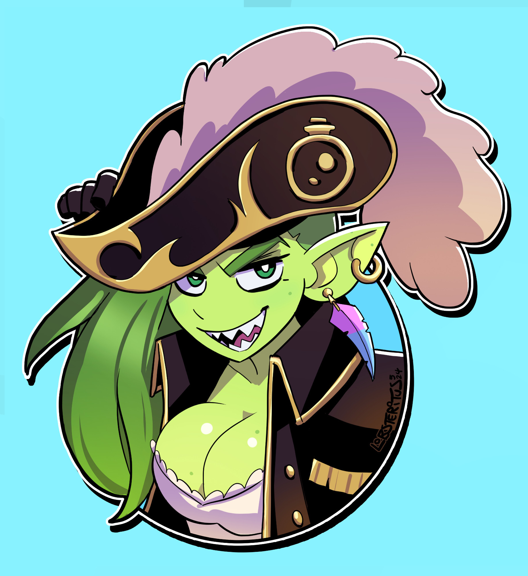 Goblin woman wearing a pirate captain's outfit smiling at the viewer. She has green skin, green hair, sharp teeth, and a mischievous smile. Her captain's hat has a large feathery plumage sticking out of it. Her portrait is bursting out of a circular frame.