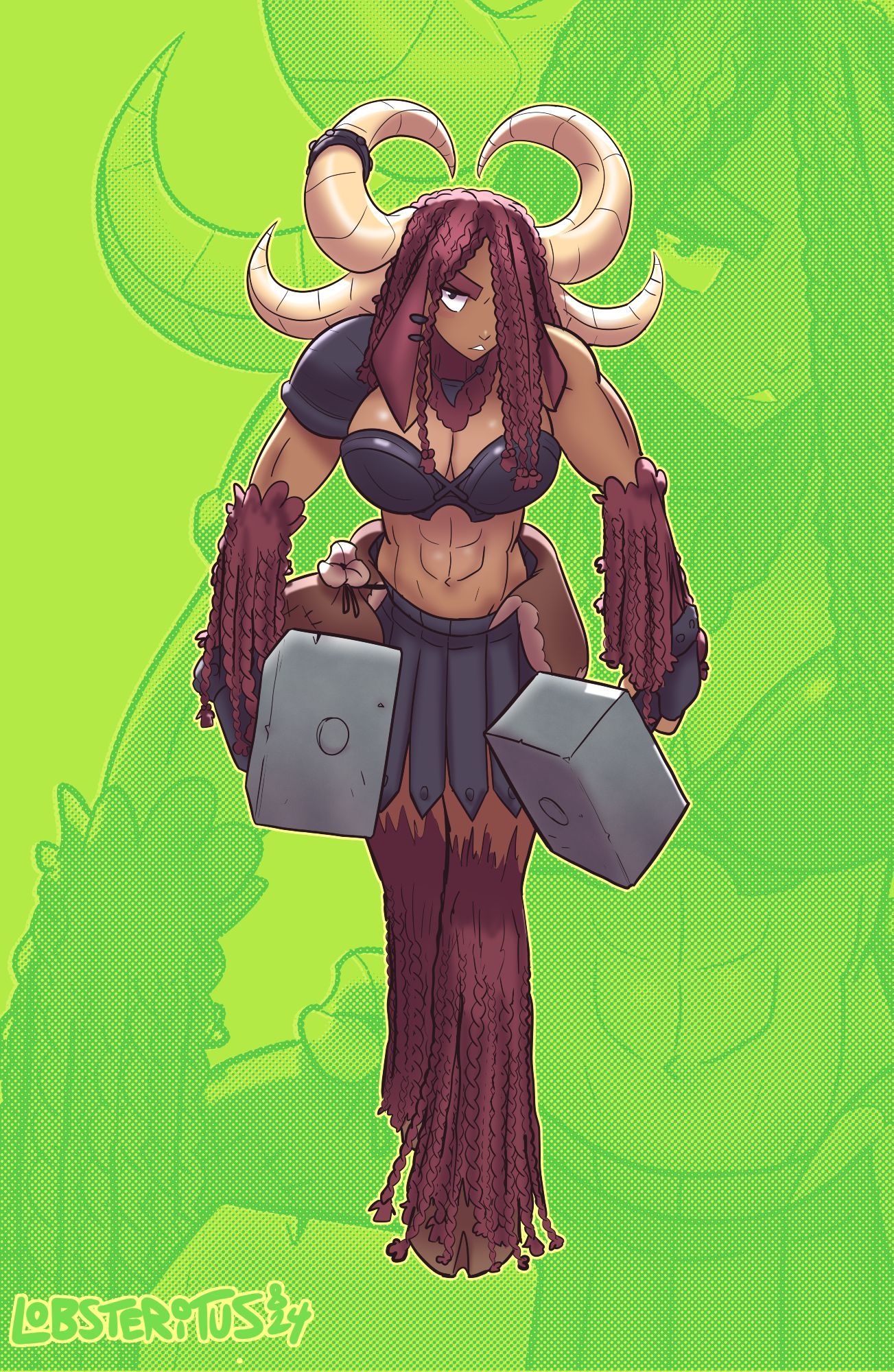 Braided sheep girl wielding two large hammers. She has 4 curved horns and is walking towards the viewer.