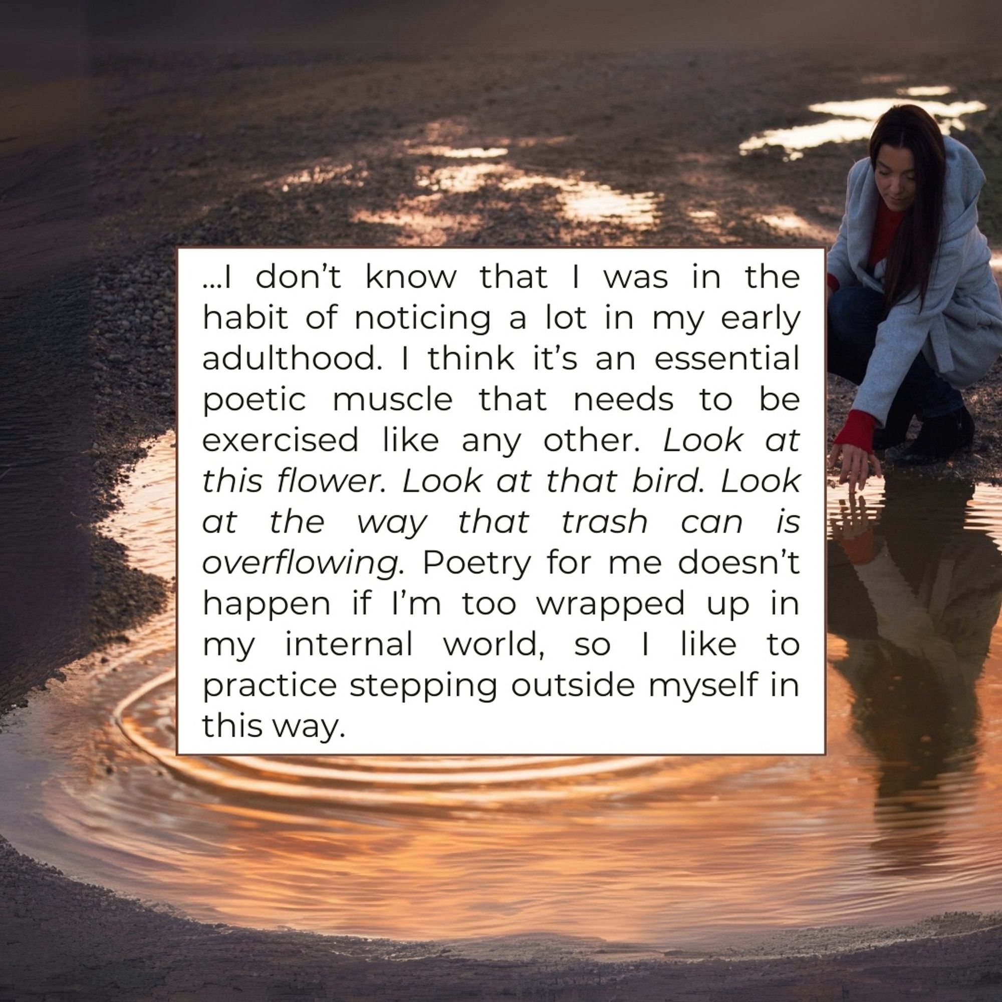 ..I don't know that I was in the habit of noticing a lot in my early adulthood. I think it's an essential poetic muscle that needs to be exercised like any other. Look at this flower. Look at that bird. Look at the way that trash can is overflowing. Poetry for me doesn't happen if I'm too wrapped up in my internal world, so I like to practice stepping outside myself in this way.