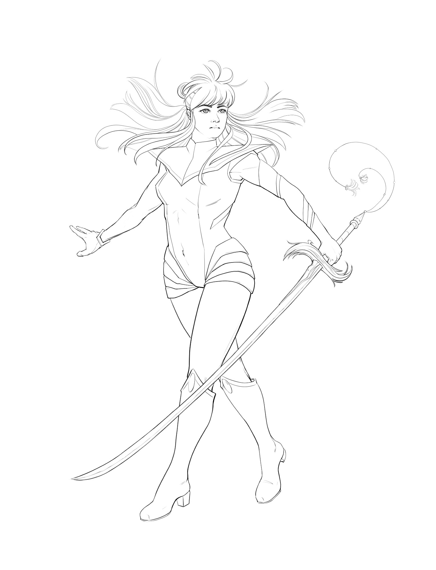 Lineart of a woman with a sword.