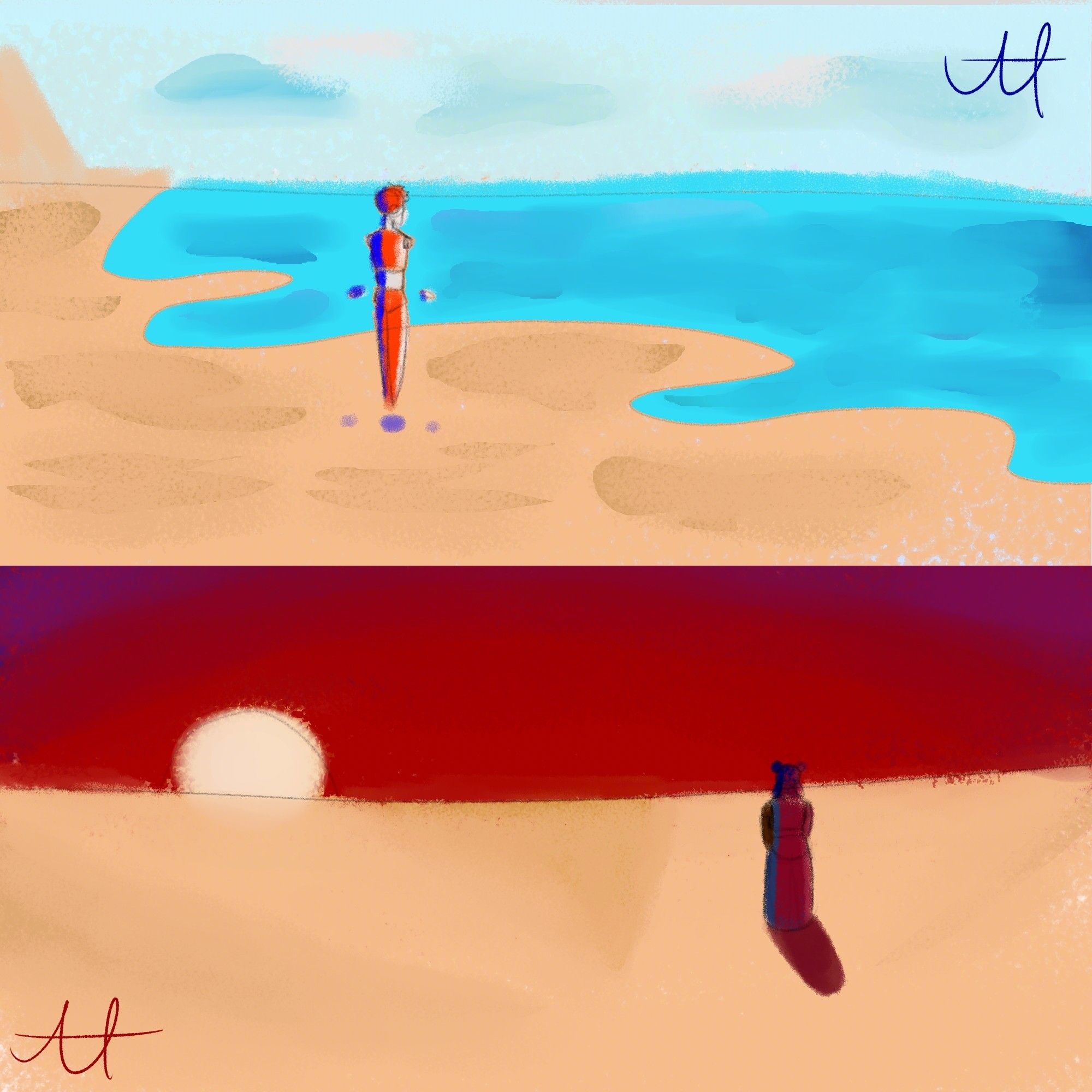 Two pictures in One. Blue is watching a red sunset on a dessert while Red is watching the ocean eb and flow