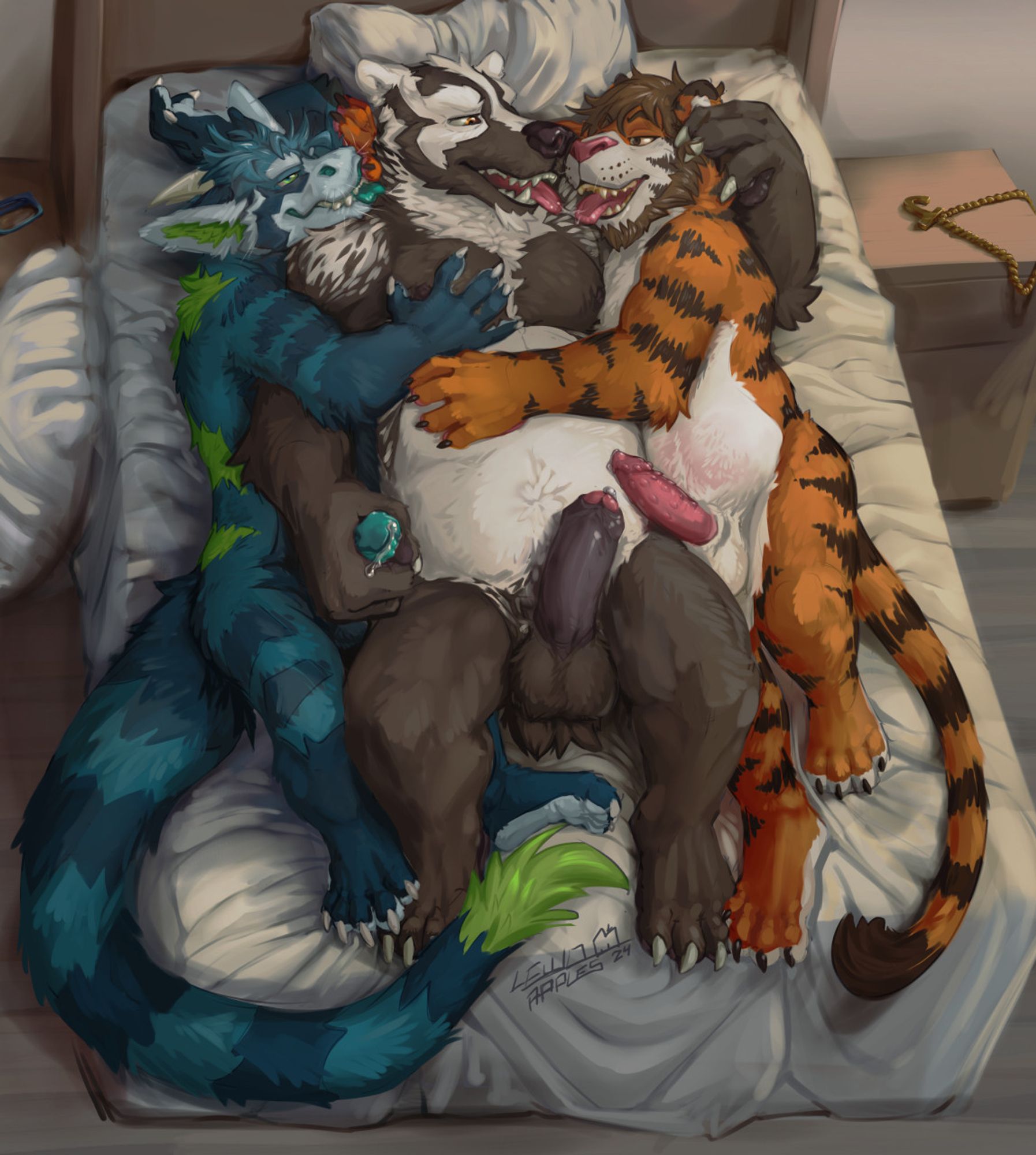 Tigeron, Bursik, and Skai, all nude, and cuddling up together in a hotel bed.  Skai is on the left, Bursik in the middle, and Tigeron on the right.  Both Skai and Tigeron are laying on their sides against Bursik, who is lying on his back.  Bursik and Tigeron have a spit string between their tongues from a deep kiss, while Bursik is also rubbing Tigeron's headfur and stroking Skai's cock.  Their peens are all erect and oozing pre.  Art by  @lewd.apfelskai.art.