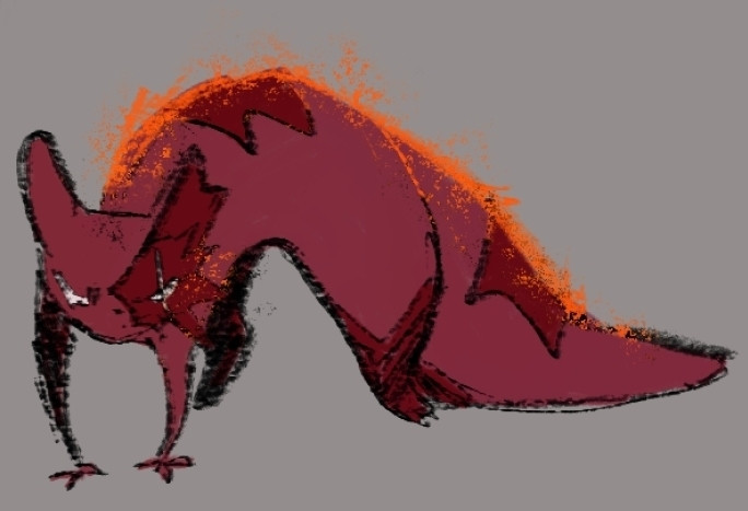 A sketch of Artificer, who is on all fours, in a threatening pose with flames burning on their back.