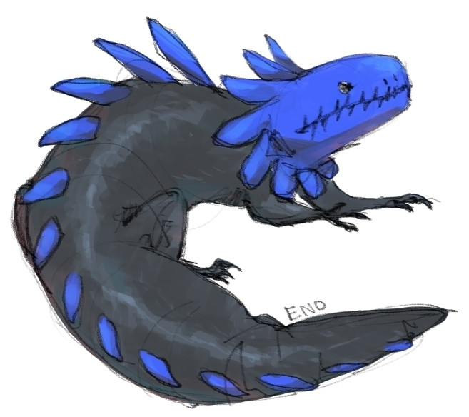 A sketchy drawing of a blue lizard from Rain World. It has rounded blue spines along its back and a blue head.