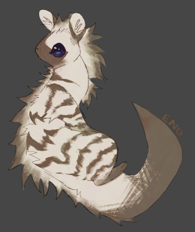 A drawing of a slugcat with aardwolf hyena markings and a mane along their back. They are beige and light brown with stripes on their body. The tips of their tail, snout and ears also have this brown. Their body is twisted to look at the viewer with a neutral expression.