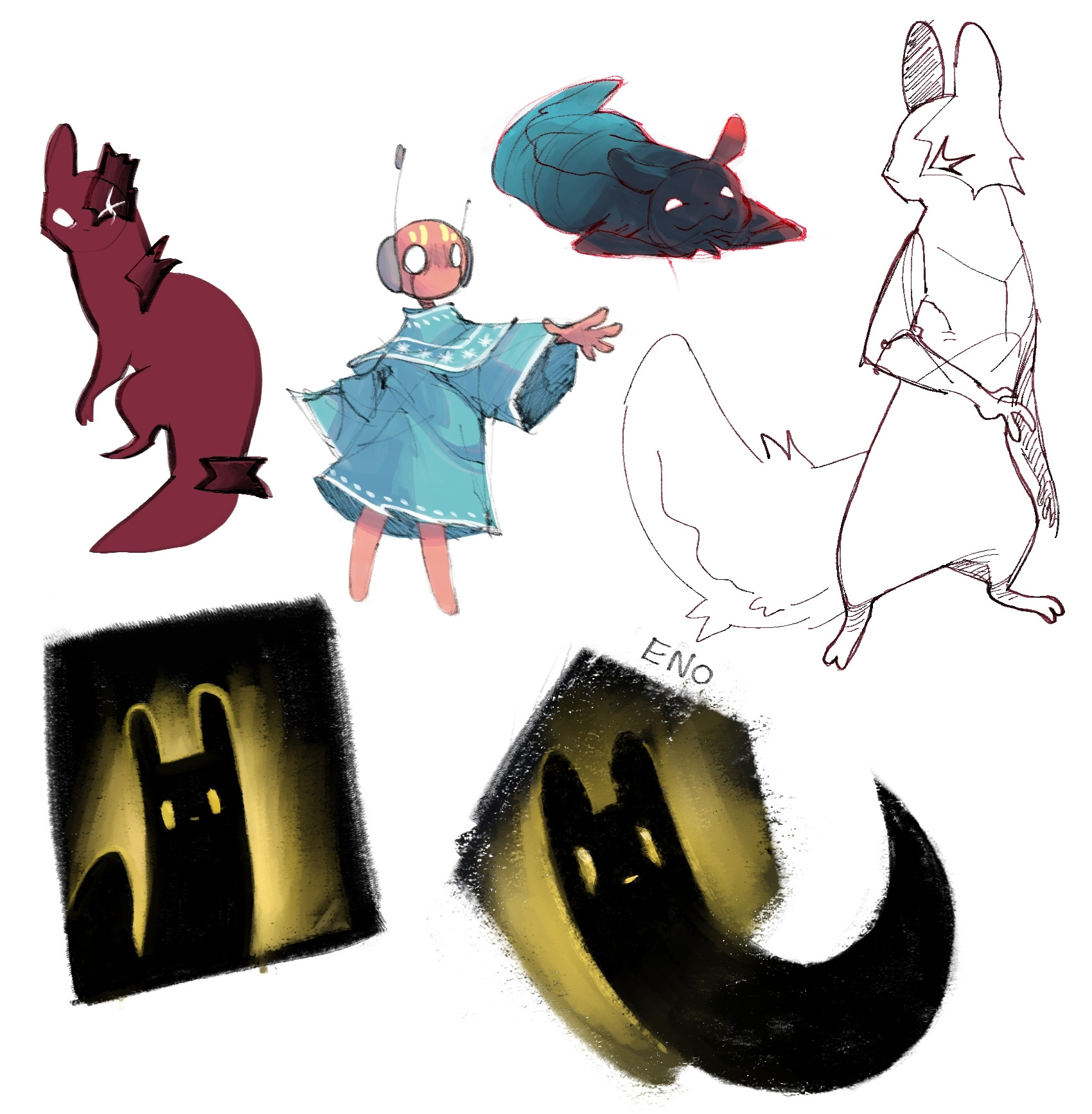 Assorted Rain World related doodles of varying styles. Two images of Artificer, one image of Enot, one image of Five Pebbles, specifically from the RW fanfiction Backwards Through the Snow on Ao3, and two images of an unamed black and gold slugcat OC.