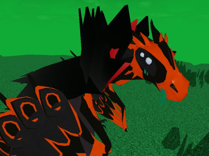 Screenshot of a Nor'gan dragon from the roblox game Dragon Adventures. He's colored black and orange and has a black and red vampire cape.