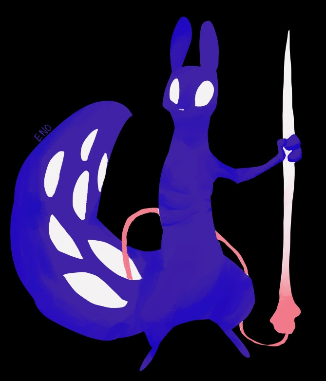 Spearmaster standing upright with a bone spear in their hand. They are drawn in using the lasso tool and in very saturated colors.