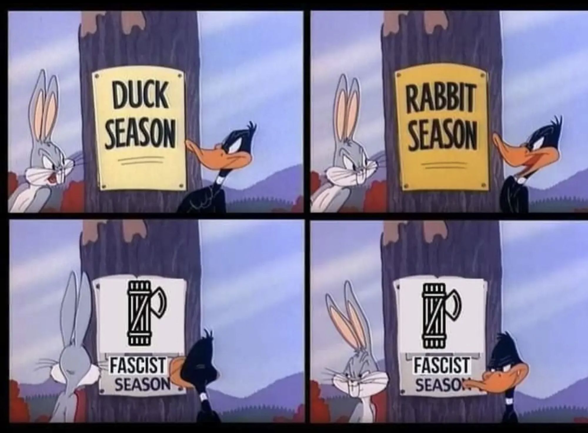 Bugs and daffy and a rabbit season gag that ends with fascist season