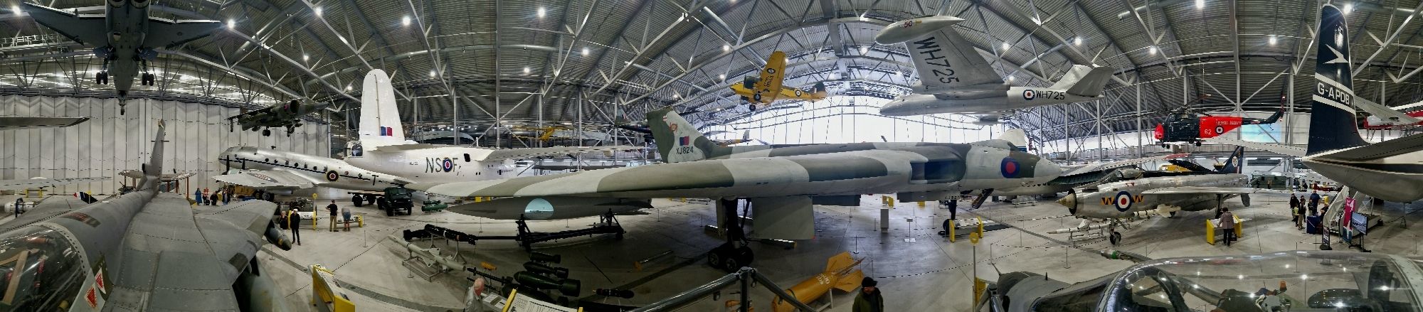 Panoramic picture of inside the Air Space Hanger at Duxford Air Museum.