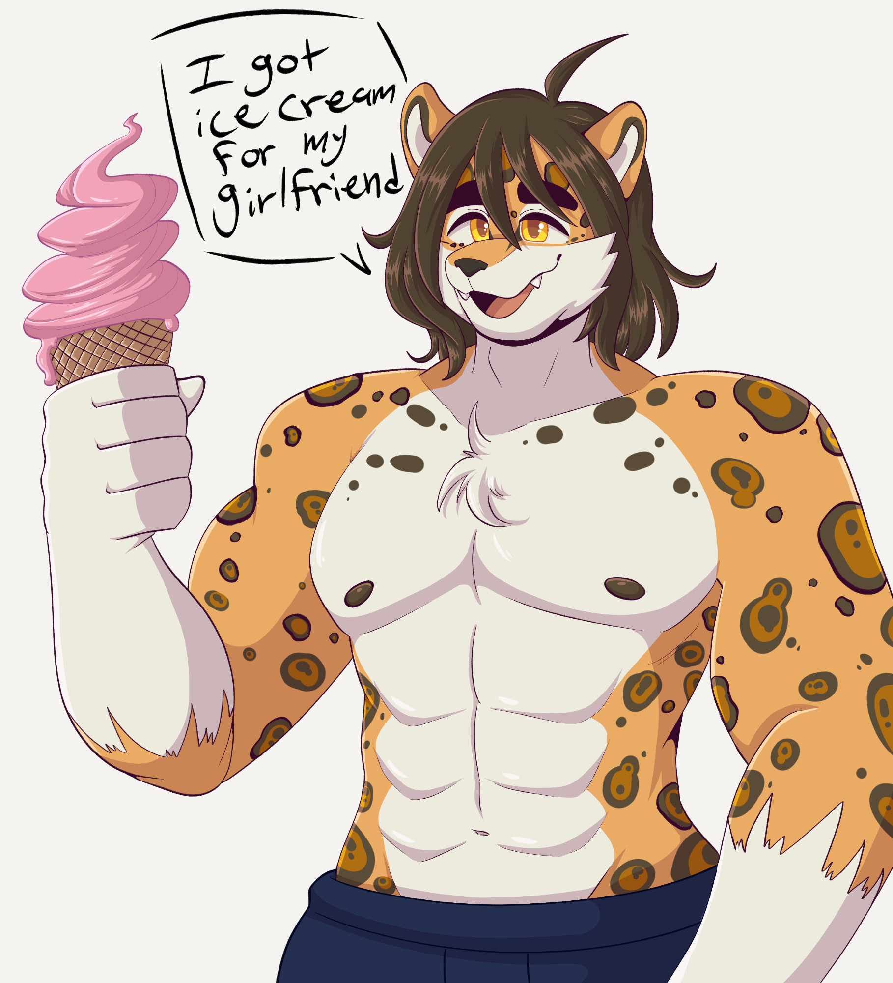 Illustration: A jaguar man stands shirtless, wearing dark blue swim trunks. He's physically fit and brawny. In his right hand he holds a large strawberry soft serve ice cream in a waffle cone. With an innocent look, he's grinning. The caption reads, "I got ice cream for my girlfriend." Illustrated by @mukitsune.bsky.social