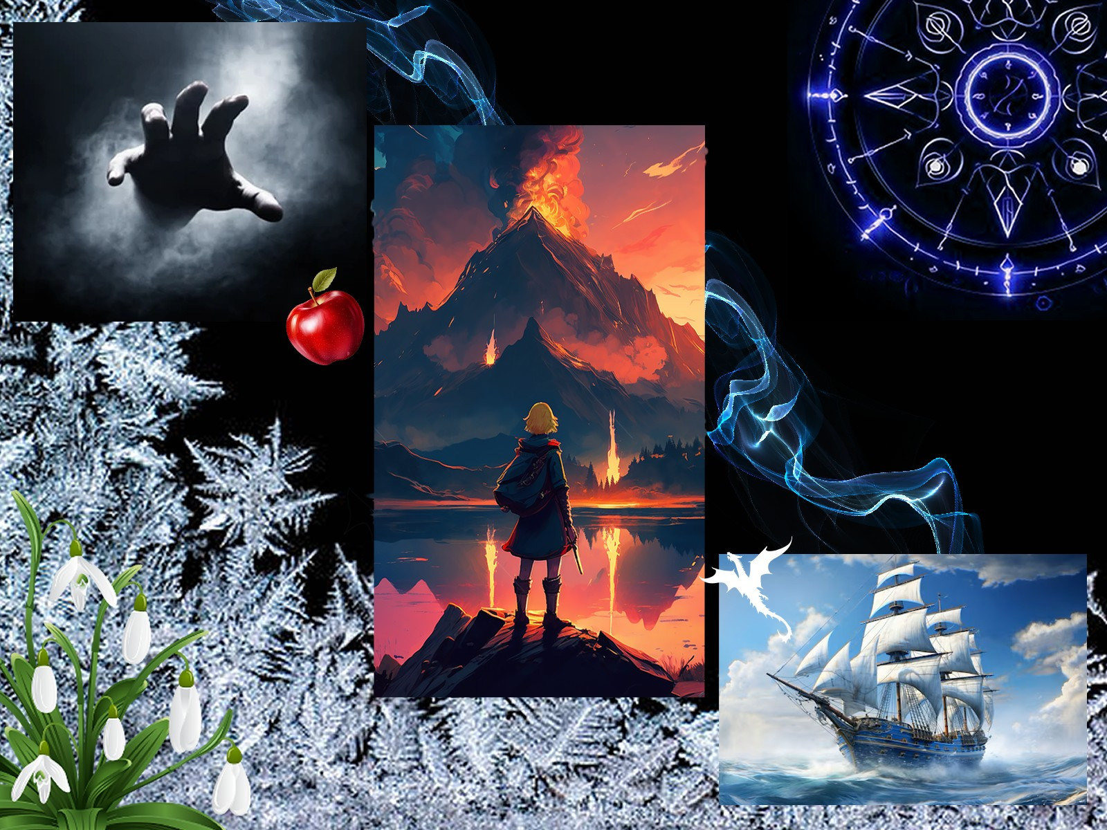 Moodboard for "MagelingWIP". An assortment of atmospheric images against a frosted background, including a magic circle, a majestic ship, snowdrops, a shadowy hand and a boy looking at a volcano. 