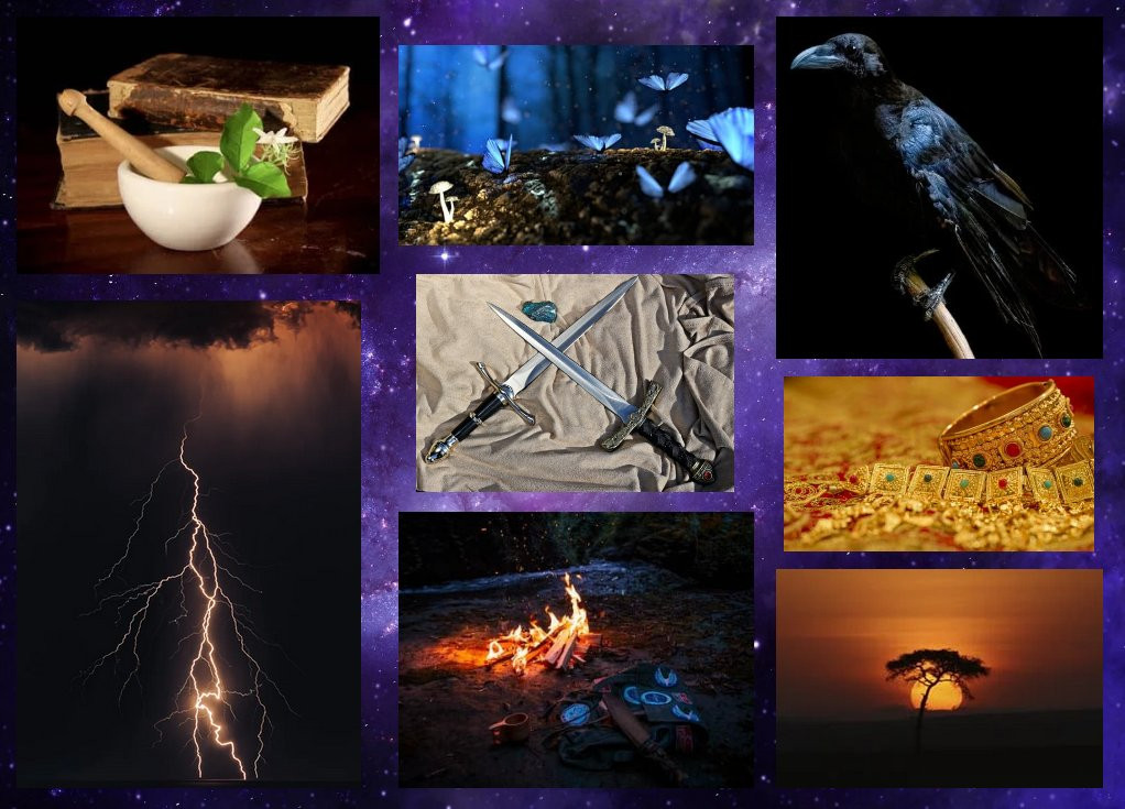 Moodboard for "NephilimWIP". An assortment of atmospheric images against a starry sky, including dual daggers, lightning, gold and jewelry, a raven and medicinal herbs. 