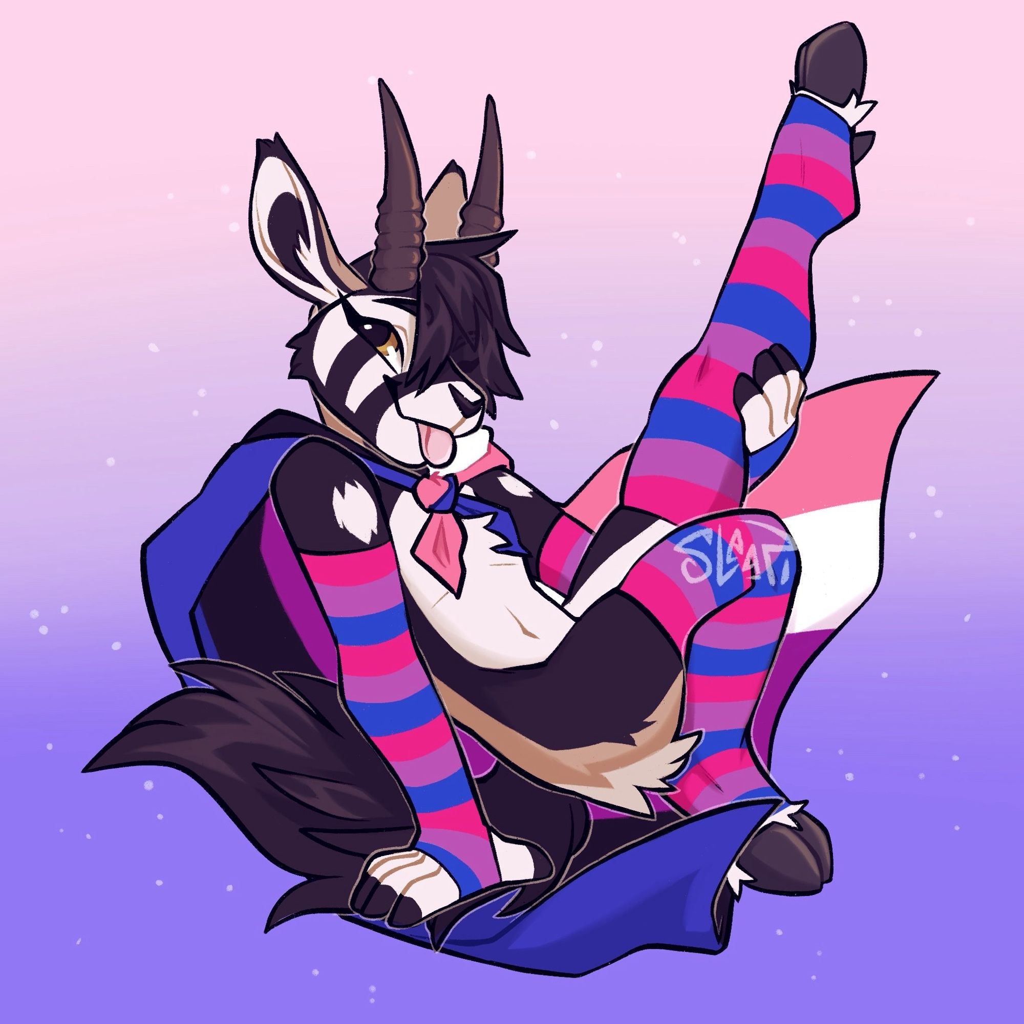 Gemsbok with bi pride socks and genderfluid pride cape