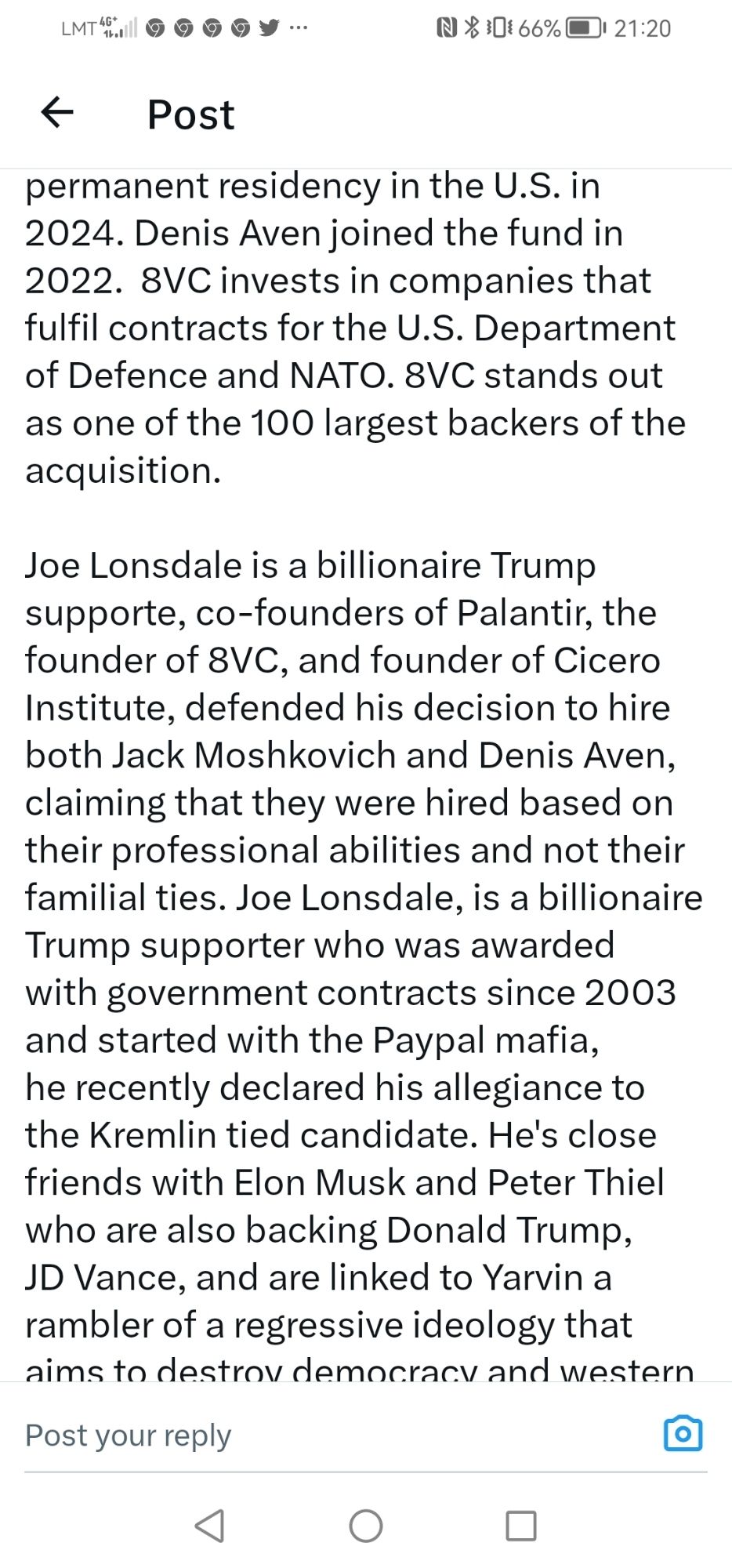 Joe Lonsdale is a billionaire Trump supporte, co-founders of Palantir, the founder of 8VC, and founder of Cicero Institute, defended his decision to hire both Jack Moshkovich and Denis Aven, claiming that they were hired based on their professional abilities and not their familial ties. Joe Lonsdale, is a billionaire Trump supporter who was awarded with government contracts since 2003 and started with the Paypal mafia, he recently declared his allegiance to the Kremlin tied candidate. He's close friends with Elon Musk and Peter Thiel who are also backing Donald Trump, JD Vance, and are linked to Yarvin a rambler of a regressive ideology that aims to destroy democracy and western plurality, an aim that can be reached by backing Putin's regime in Russia which follows the Duginist sect.