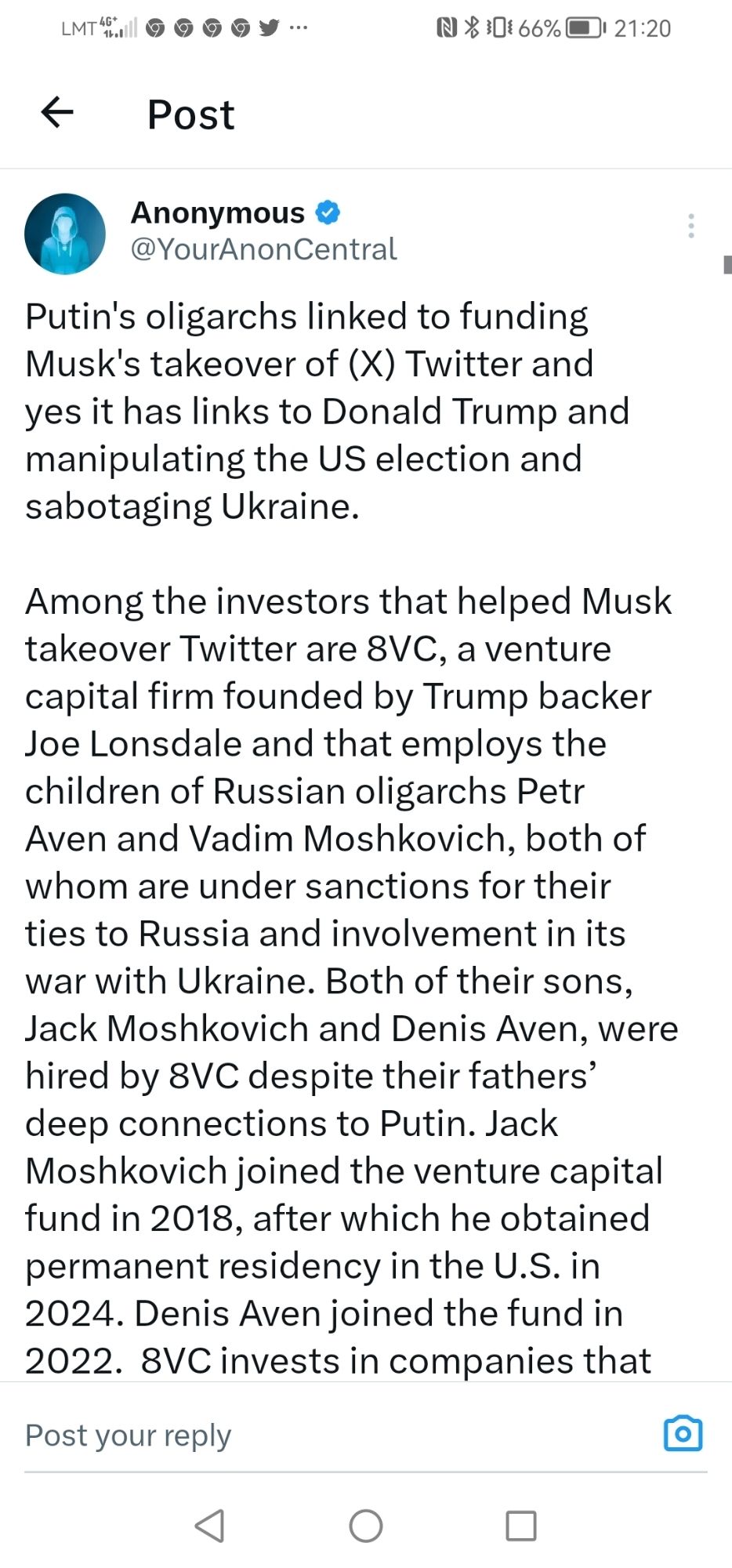 Putin's oligarchs linked to funding Musk's takeover of (X) Twitter and yes it has links to Donald Trump and manipulating the US election and sabotaging Ukraine. Among the investors that helped Musk takeover Twitter are 8VC, a venture capital firm founded by Trump backer Joe Lonsdale and that employs the children of Russian oligarchs Petr Aven and Vadim Moshkovich, both of whom are under sanctions for their ties to Russia and involvement in its war with Ukraine. Both of their sons, Jack Moshkovich and Denis Aven, were hired by 8VC despite their fathers’ deep connections to Putin. Jack Moshkovich joined the venture capital fund in 2018, after which he obtained permanent residency in the U.S. in 2024. Denis Aven joined the fund in 2022. 8VC invests in companies that fulfil contracts for the U.S. Department of Defence and NATO. 8VC stands out as one of the 100 largest backers of the acquisition.