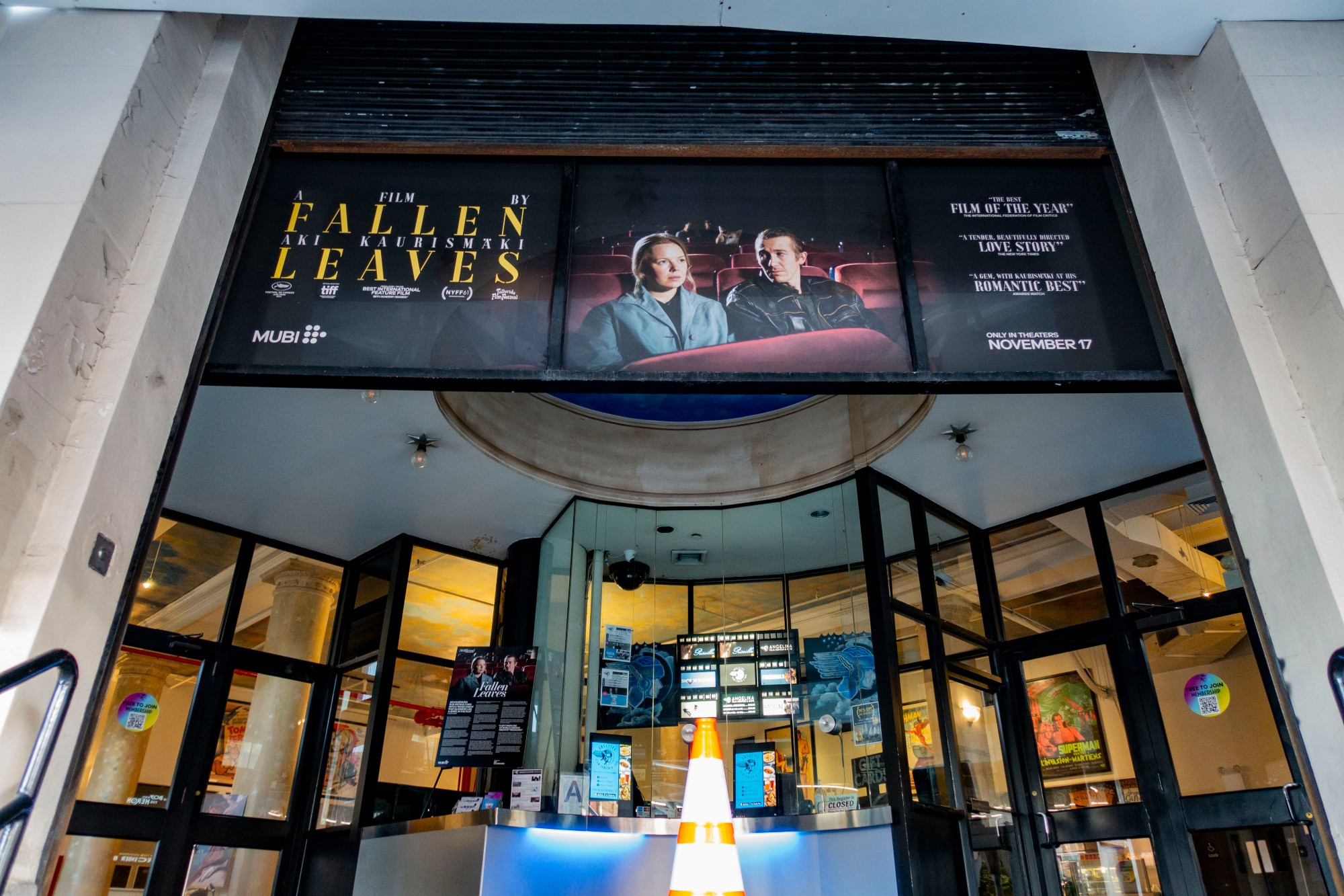 Window displays for Fallen Leaves at the Angelika Film Center in New York