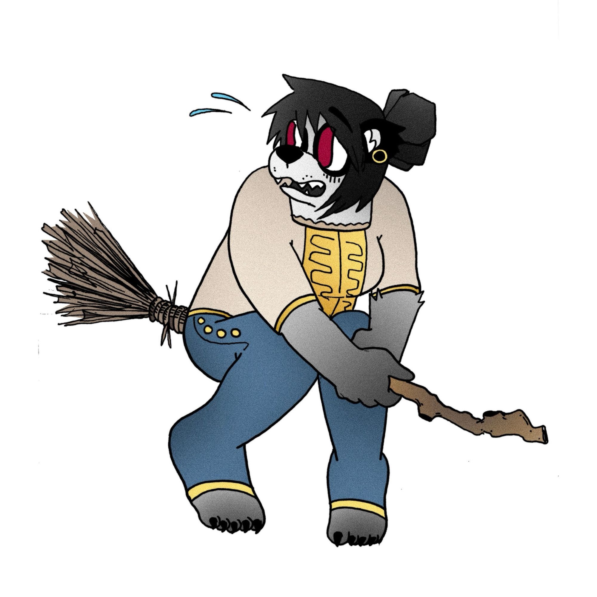 A portrait of a Pandaren woman, from World of Warcraft, looking very unsure about flying a broom. The art is by @muncie.bsky.social, who did an awesome job