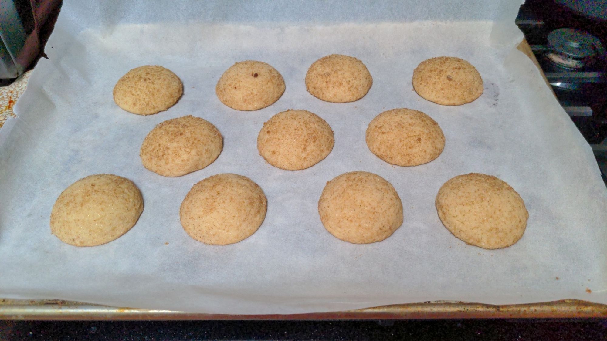 A tray of homemade snickerdoodle cookies