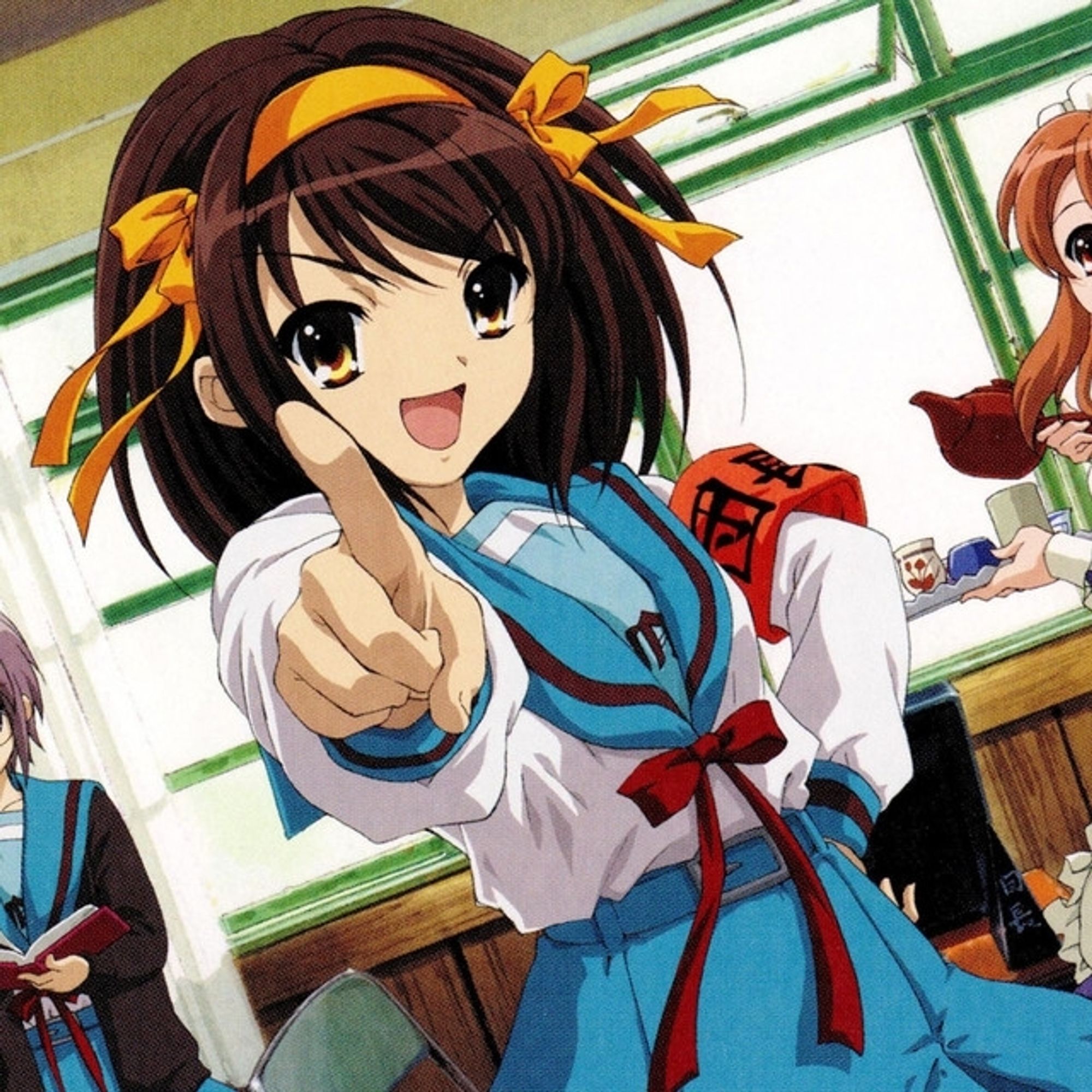 Haruhi Suzumiya in her signature blue and white seifuku, she has brown hair with a yellow bow. There's a red band around her arm with Japanese characters on it