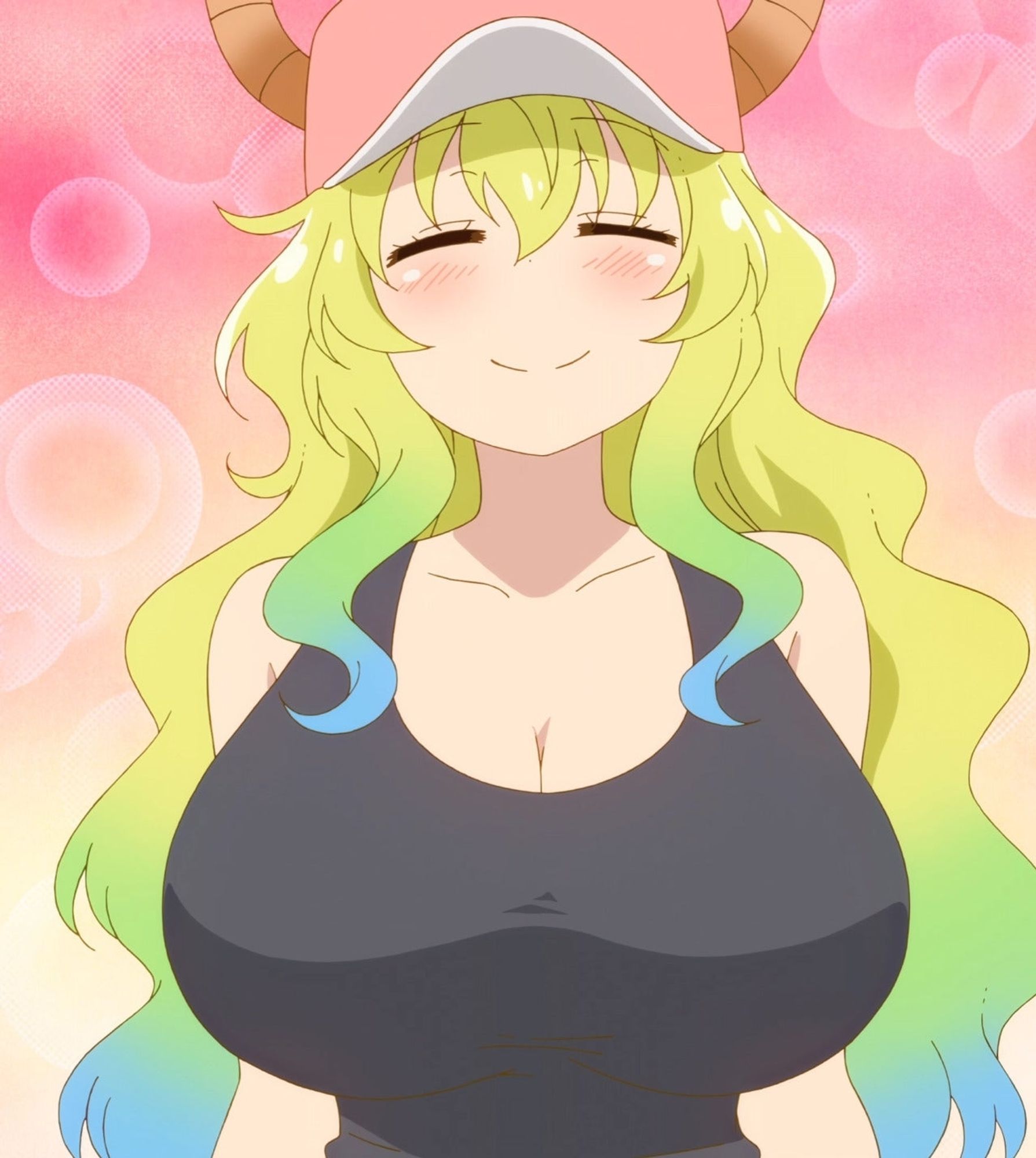 Lucoa from Dragon Maid, a busty blonde with green and blue tints in her hair, a pink hat, black tank top and orange horns on a peachy background.