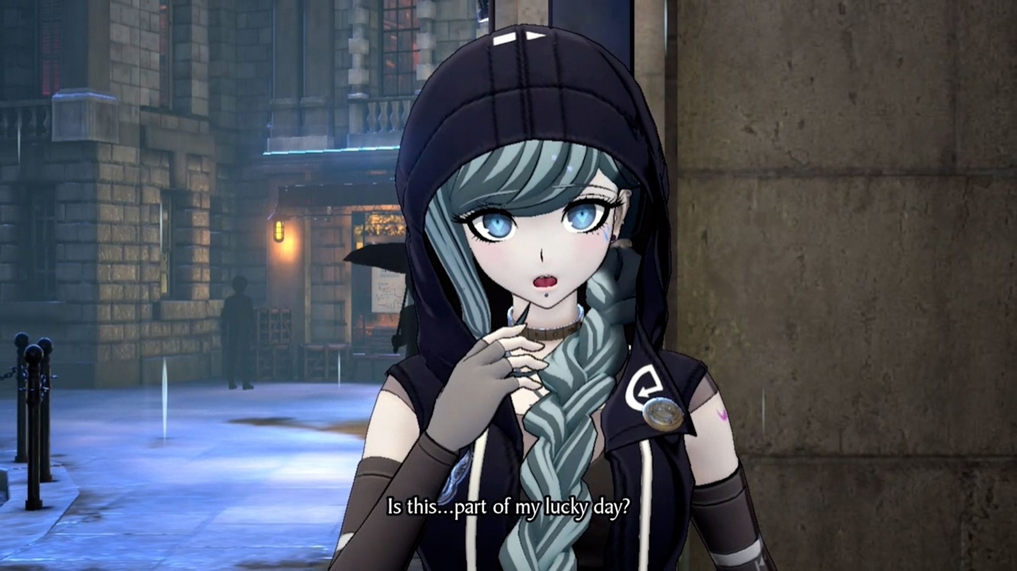 Fubuki Clockford, a greenhaired girl with blue eyes in a dark street with her hood up. She looks a little confused and is asking "is this... part of my lucky day?"