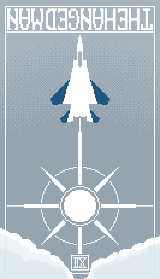 A pixel art rendition of the reversed version of 'The Hanged Man' tarot card. An outline of a F-15C 'Eagle' aircraft is in the center of the card, facing upwards, climbing above the clouds. A large flash is beneath the aircraft.