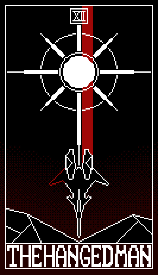 A pixel art rendition of 'The Hanged Man' tarot card. An outline of the ADFX-01 'Morgan' aircraft is in the center of the card, facing downwards, towards a mountain range. It is trailing blood red smoke from its left engine. Above it, is a large flash. 