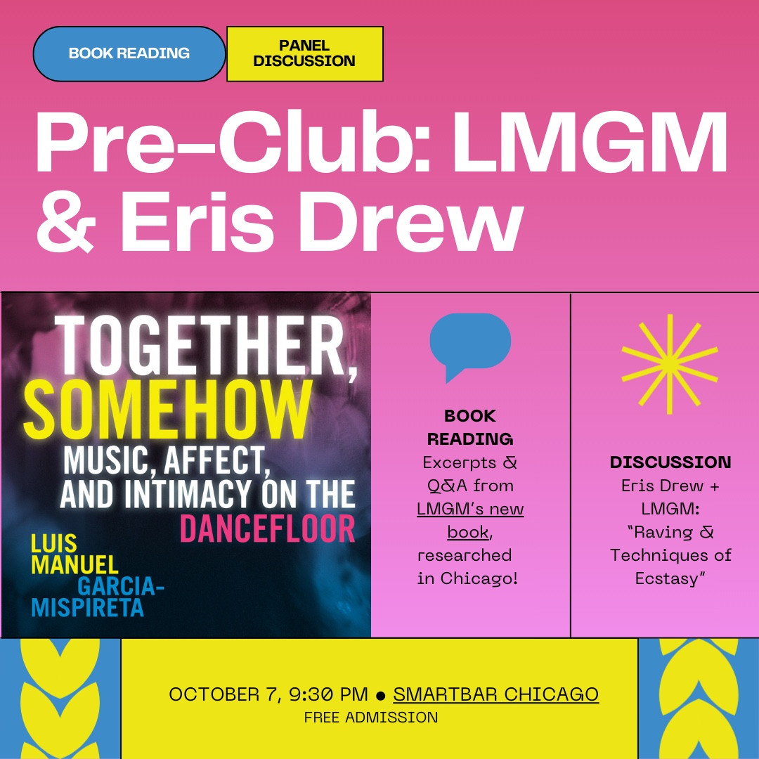 An electronic flyer, showing information for a pre-club book launch event at SmartBar Chicago on October 7th. The event begins at 9:30pm, and the Viva Acid club night begins afterwards, at 11:00pm.