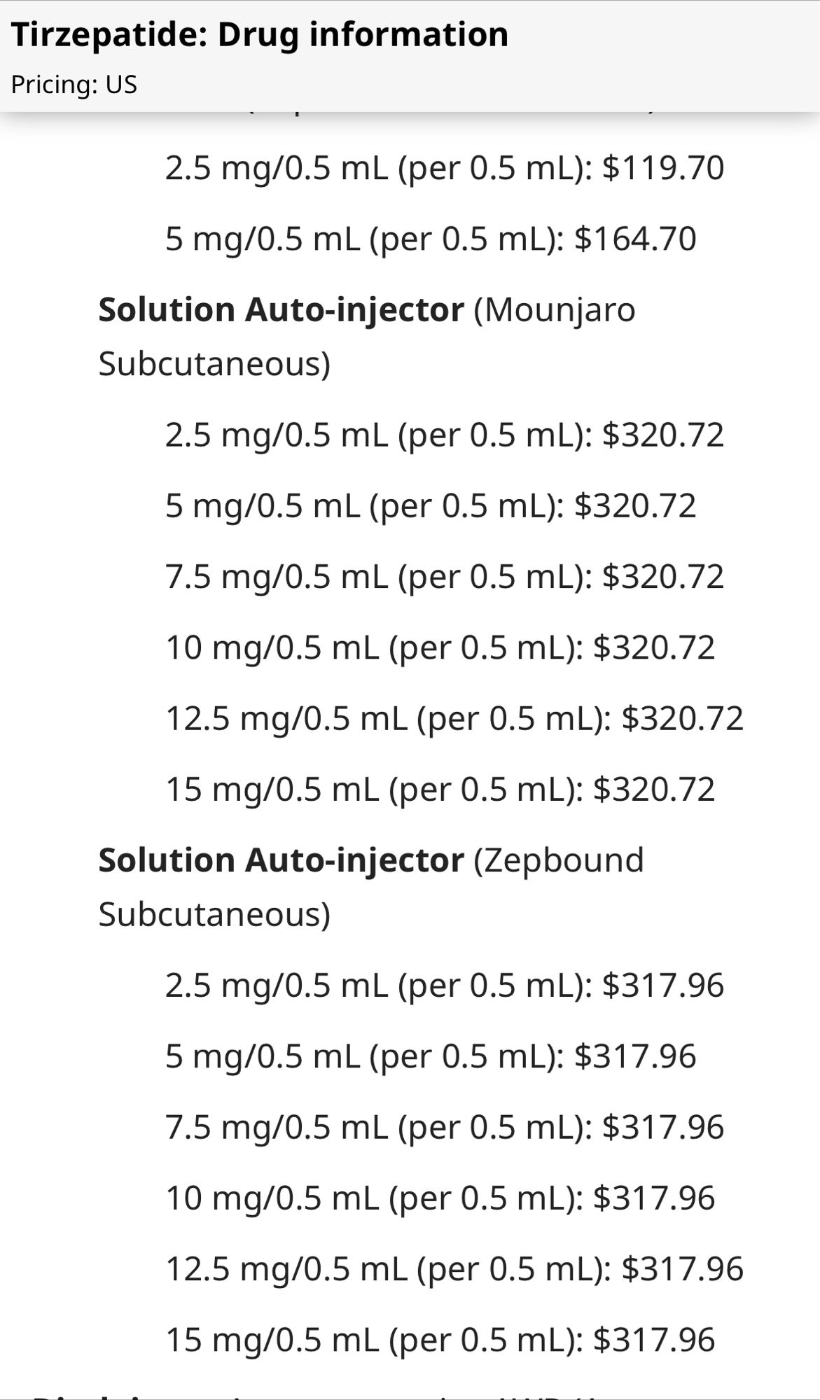 uptodate prices for tirzepatide: all doses are about $320/month, which is about 1/3 of what people are actually paying