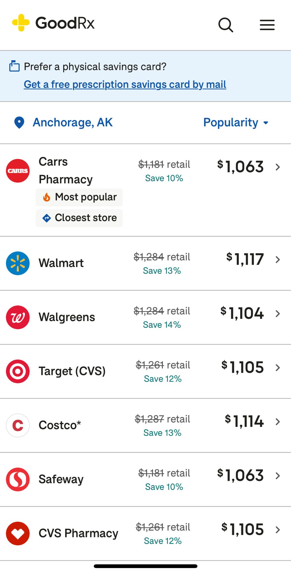 goodrx prices for tirzepatide, around $1100/month, consistent with actual cost in the community