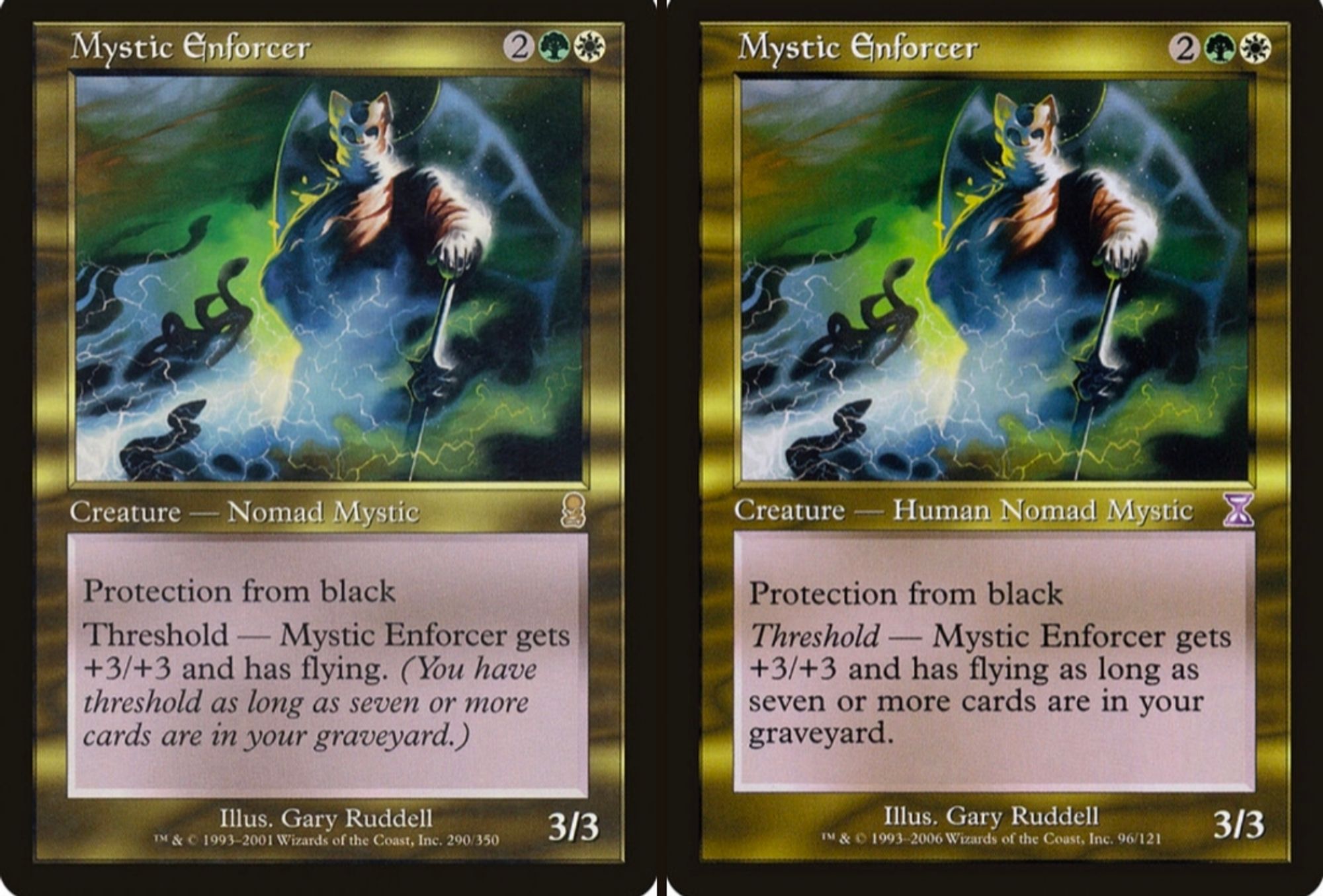 Mystic Enforcer side by side card wording comparison. On the left is the Odyssey version, and on the right is the Time Spiral timeshifted sheet version.