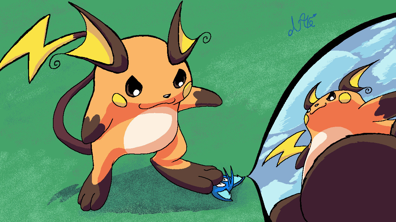 Raichu pinning down Blu under its long paw.