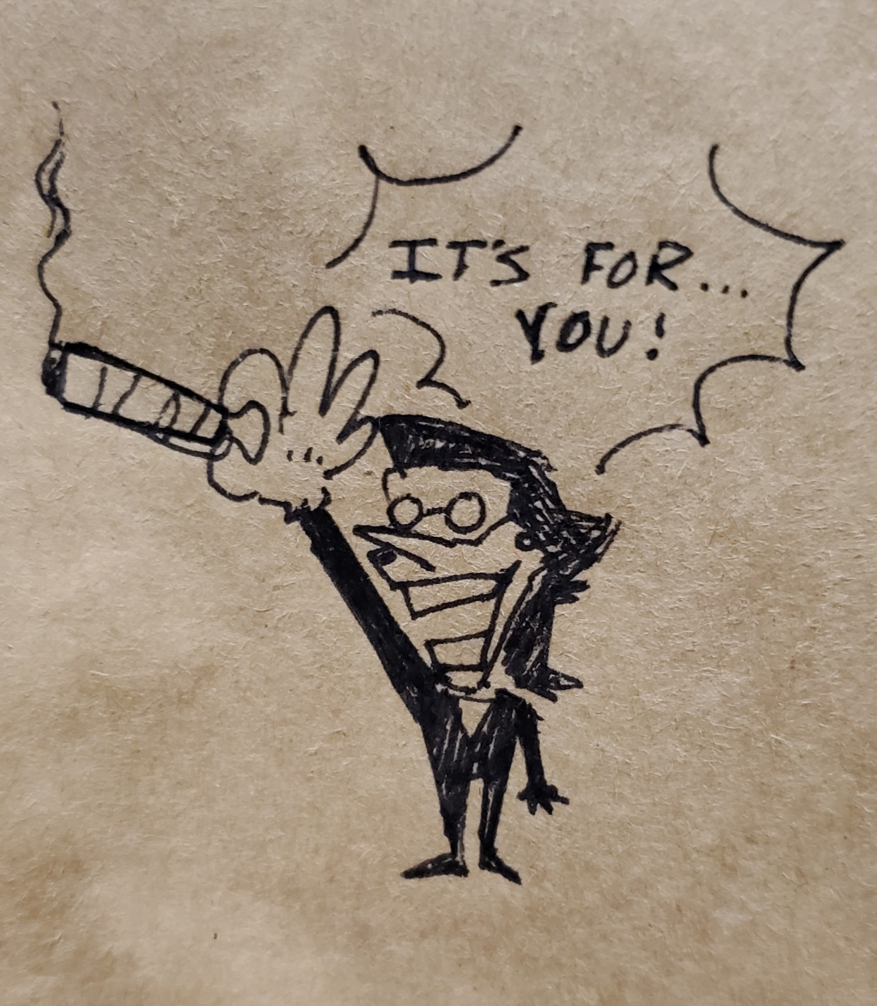 little drawing of spamton g spamton from deltarune. he is holding a comically sized blunt while exclaiming "ITS FOR... YOU !" 