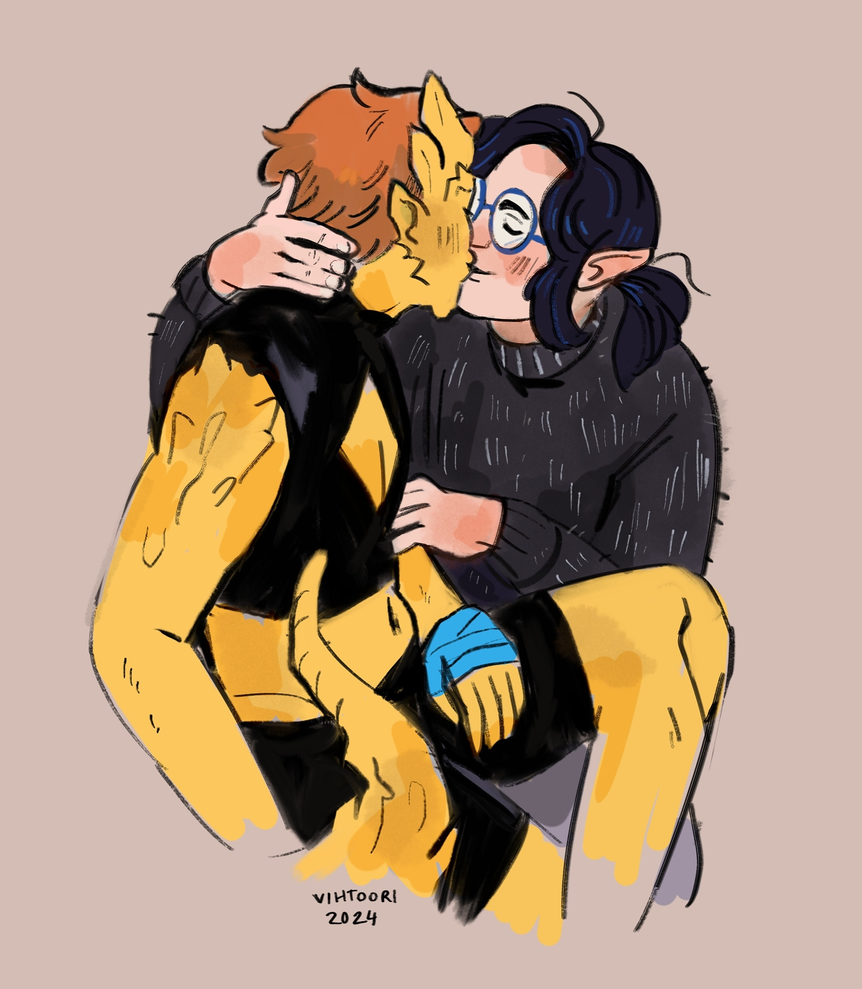 Half-elf man kissing a yellow colored tiefling man.