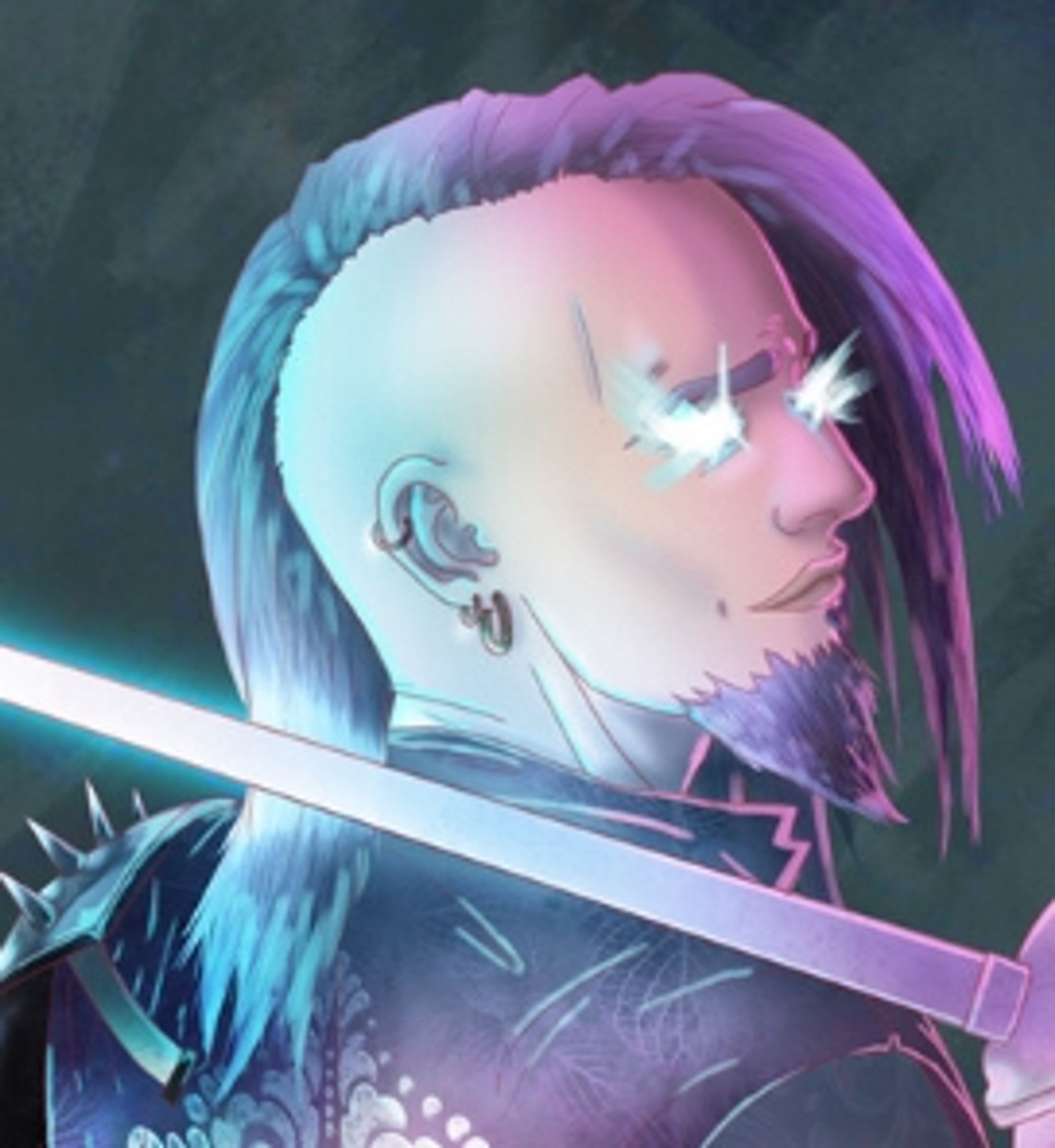 Punk-inspired magus with side shave haircut and glowing eyes.  Rapier is magically glowing as well.