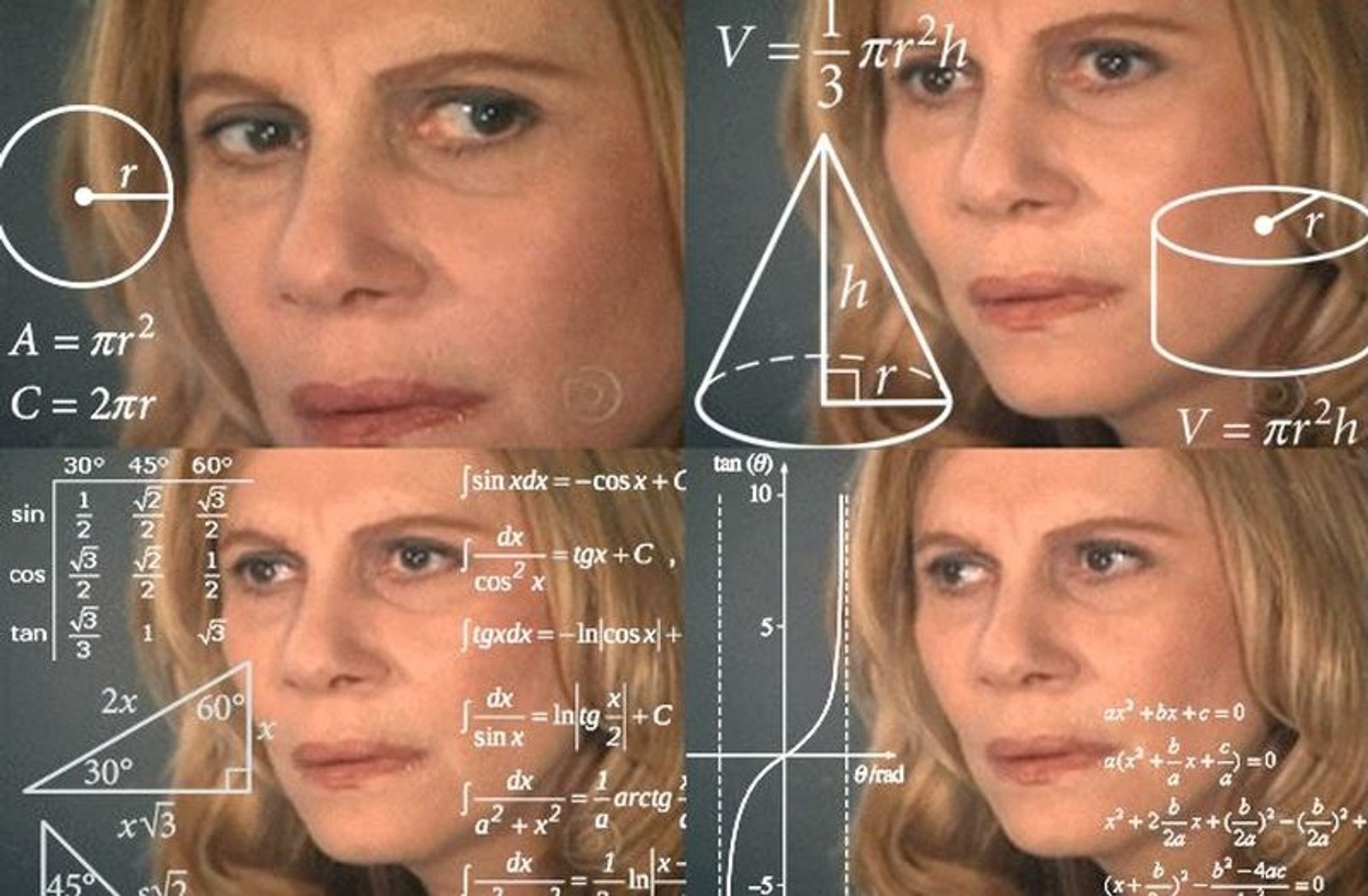 The calculator lady meme trying to solve functions