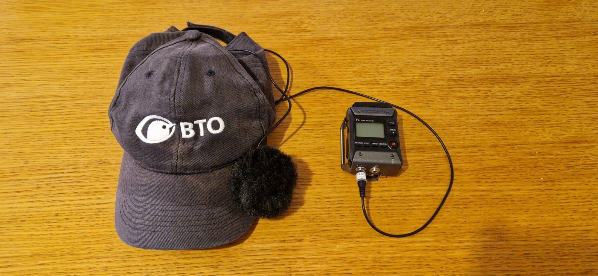 Compact Zoom F1 digital recorder and lav mic on hat for continuous sound recording whilst birding