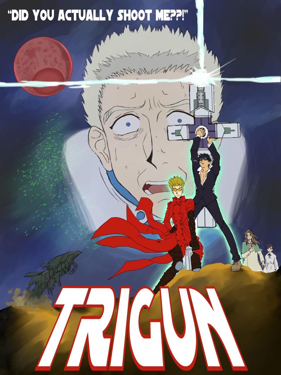 Famous Star Wars movie poster, but featuring Trigun characters instead