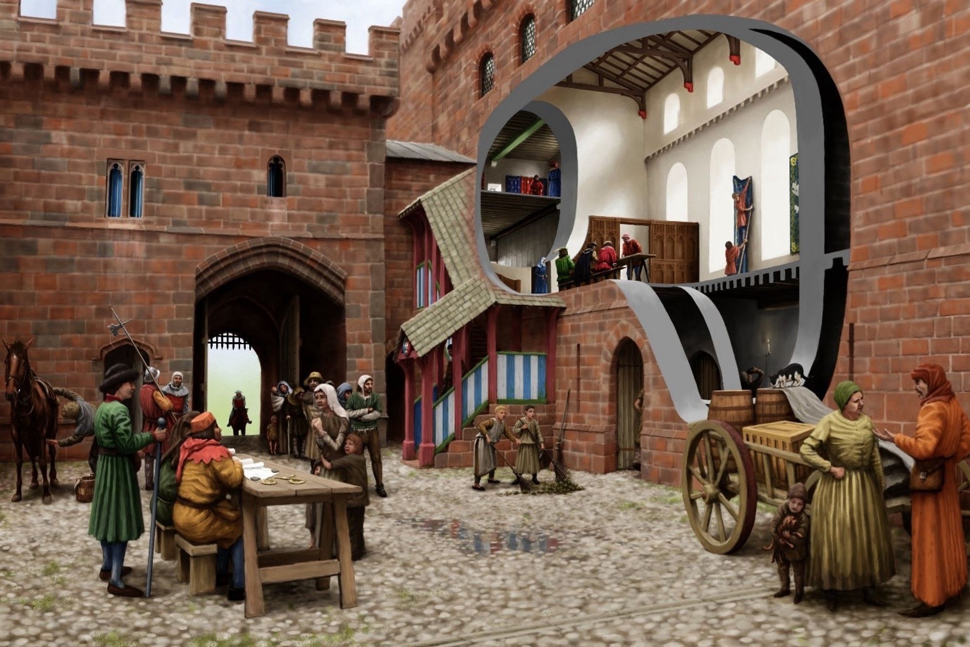 Reconstruction image of a castle yard and two ranges of buildings. There are cutaways through the right range to inner rooms of the castle. Some people in the yard wear bright colours, others more muted tones.