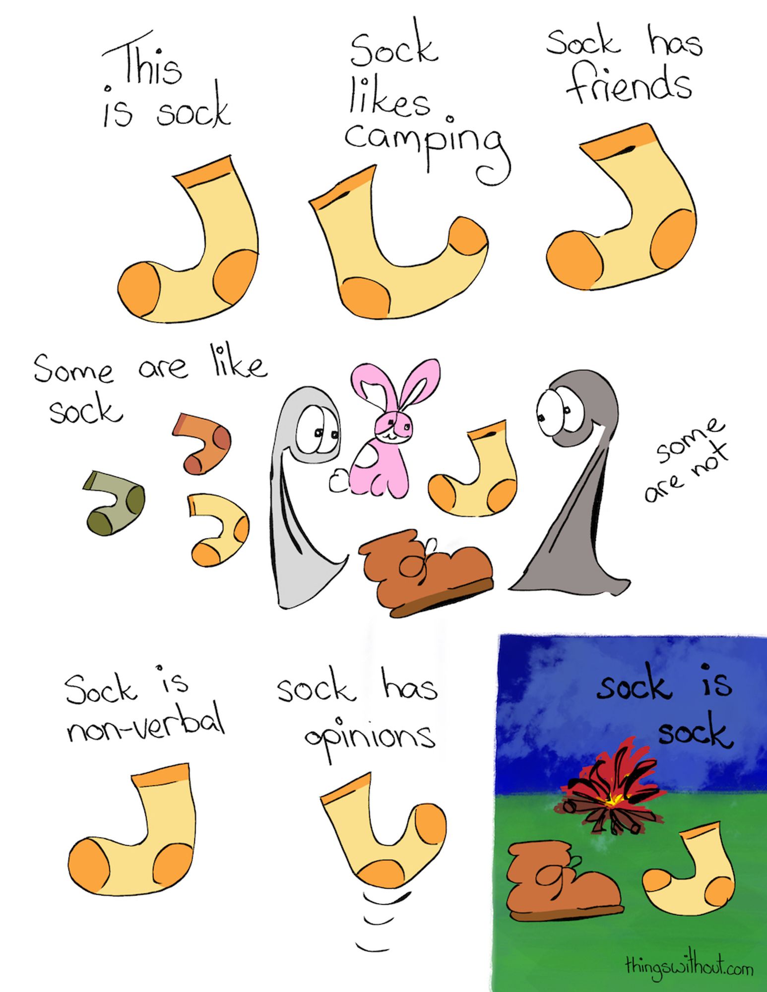 This is Sock

Sock likes camping

Sock has friends

Some are like Sock

Some are not

Sock is non-verbal

Sock has opinions

Sock is sock (image of Sock and Boot sitting around a campfire)