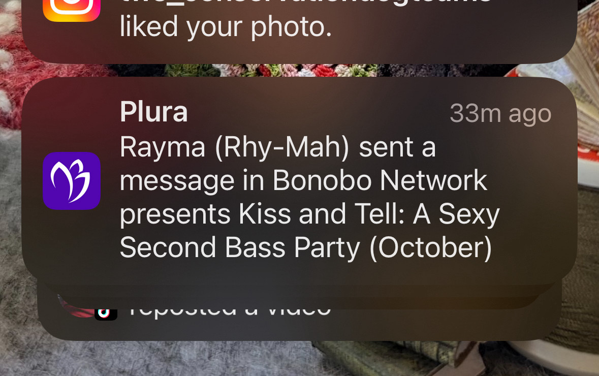 A screen shot of a notification on a phone that a person named Ryma has sent a message to a kiss and tell event.