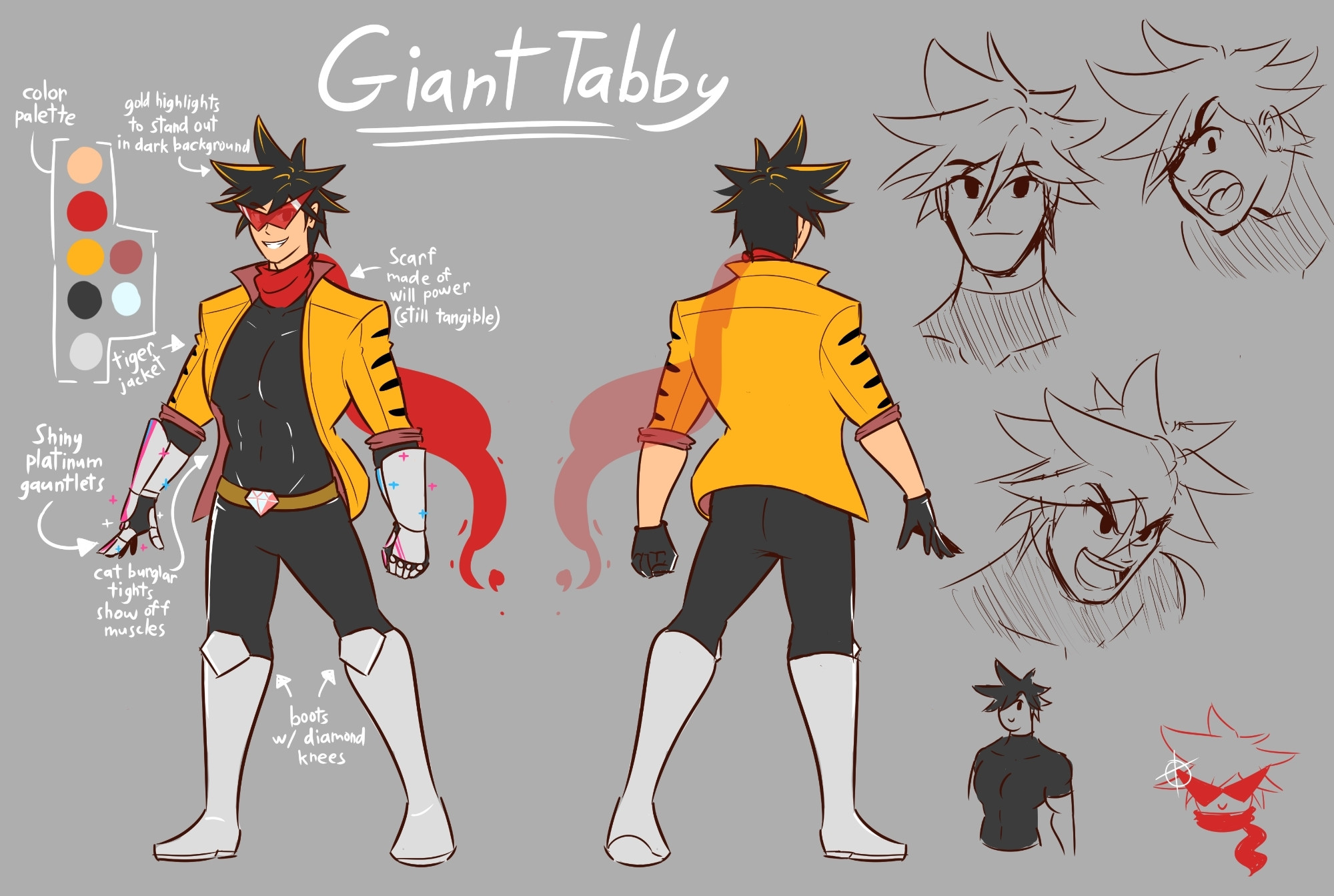 Reference sheet of the superhero vtuber GiantTabby