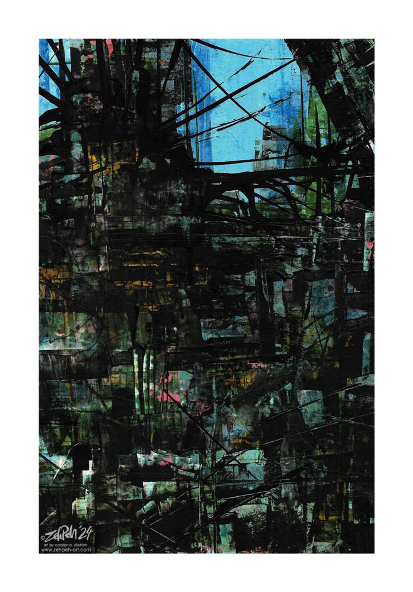 A painting in tones of cyan, green and grey with specks of brighter colours in-between and hard, black shadows. An abstract urban environment, cluttered and stacked - a forgotten future.