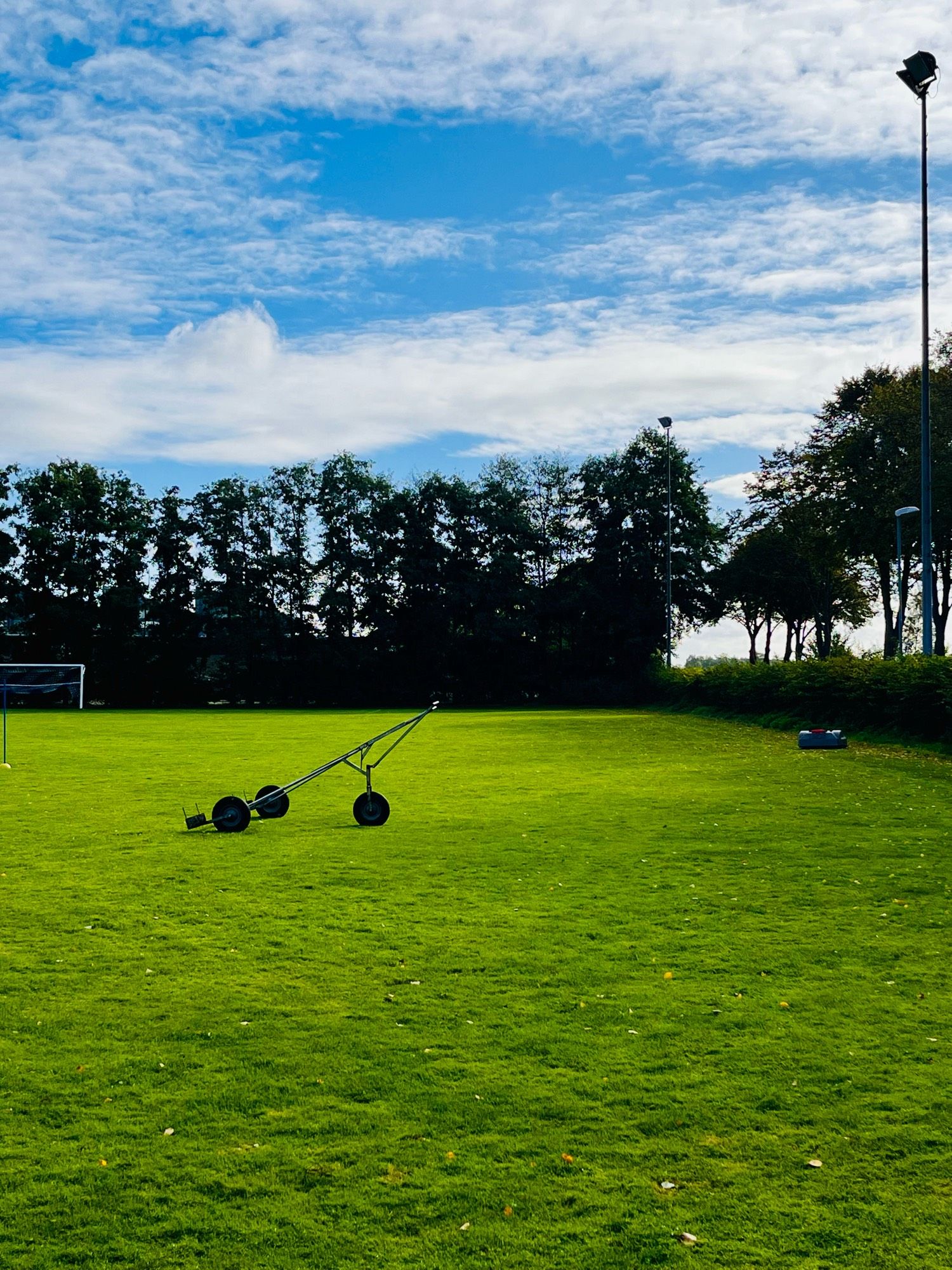 Leerer Teil eines Sportplatzes. Torträger, Rasenmäher, Lichtmast erkennbar.